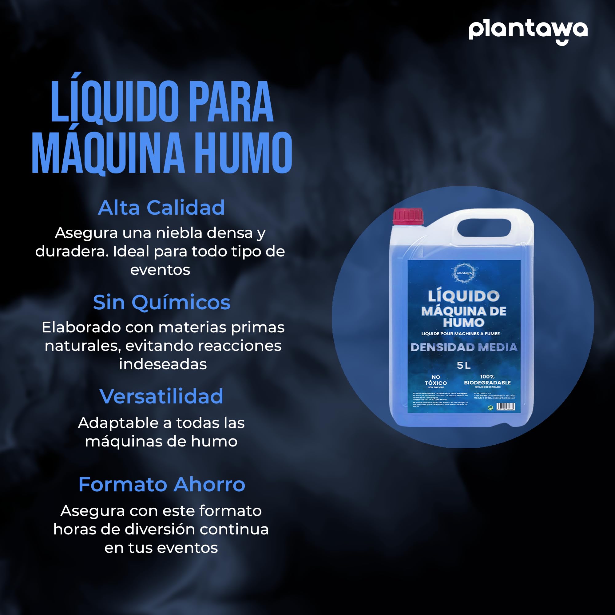 Plantawa Liquido per macchina fumo, densità media, 5 l, per macchina fumo, per feste, Halloween, 100% naturale e sicuro, non irritante, senza sostanze chimiche pericolose, biodegradabili, cruelty free