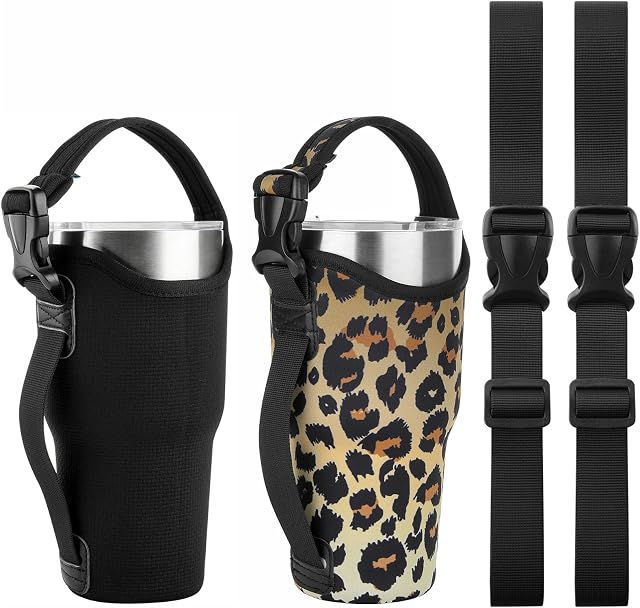 Beautyflier 2 Pack 30 OZ Neoprene 3 IN 1 Tumbler Carrier Holder Pouch with Adjustable Shoulder Sling for Stainless Steel Insulate Insulated Coffee Mugs (Leopard + Black)