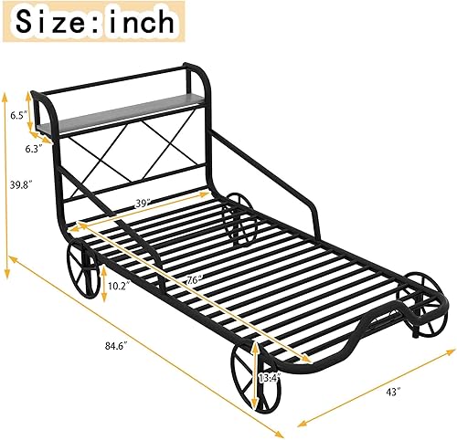 Miniatura 2 de Cama individual para automóvil con 4 ruedas, barandillas, estante de almacenamiento para niños, adolescentes, niños y niñas, marco de cama de