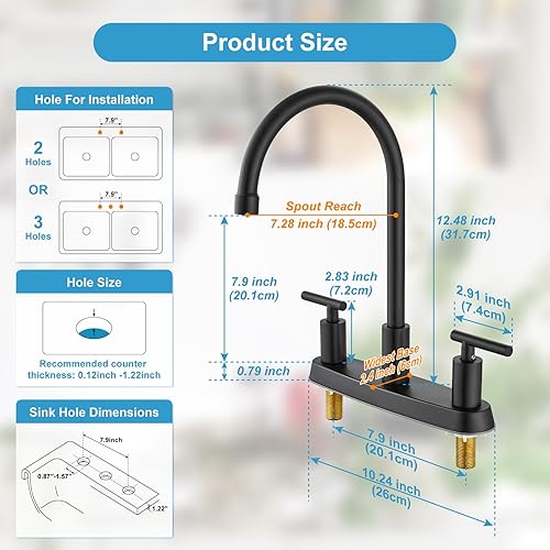 Miniatura 3 de Grifos de cocina para fregadero de 3 agujeros, arco alto con boquilla giratoria de 360, grifo de fregadero de cocina de 2 manijas de 8 pulgadas con