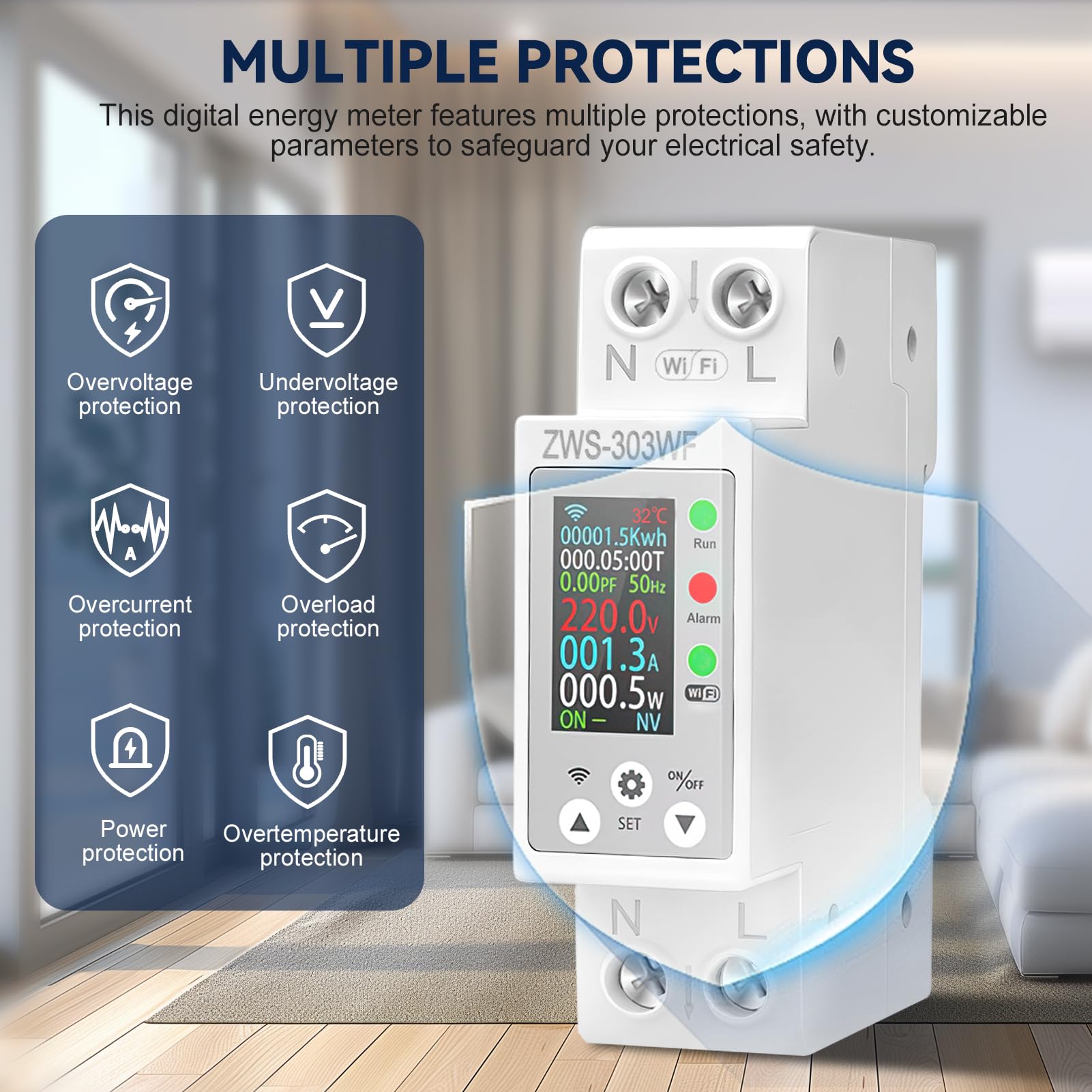 Stromzähler wlan smart meter 63A digital stromzähler hutschiene wechselstromzähler 1 phasig AC 80-300V Leckageschutz Überspannungsschutz und Überlastschutz ZWS-303WF