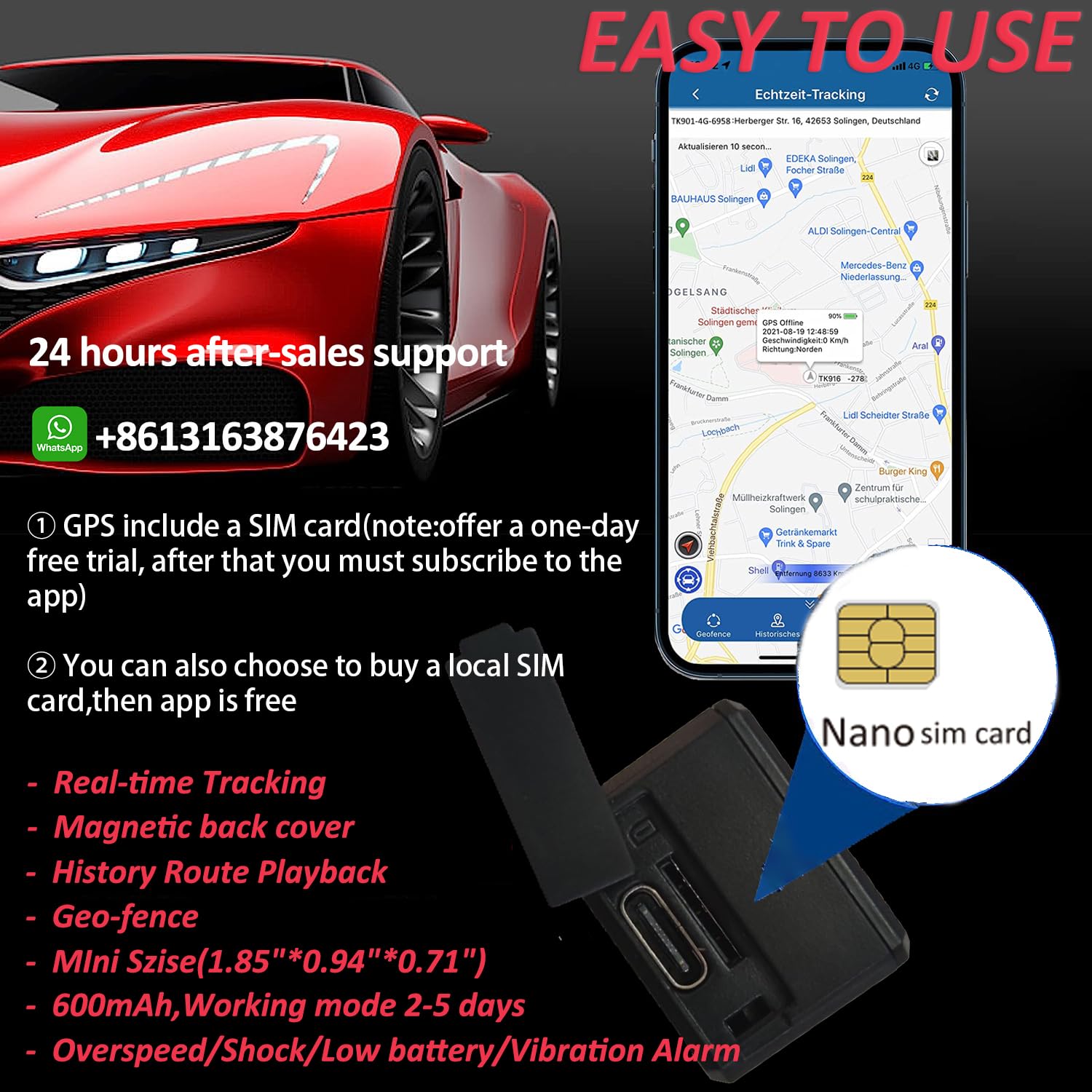 Traceur GPS 4G Mini Avec Micro Pour Voiture Moto Vélo Enfant - Temps Réel, Historique de Suivi 6 Mois, Imperméable, Montage Magnétique, Alarme Mobile, APP Gratuite TK901