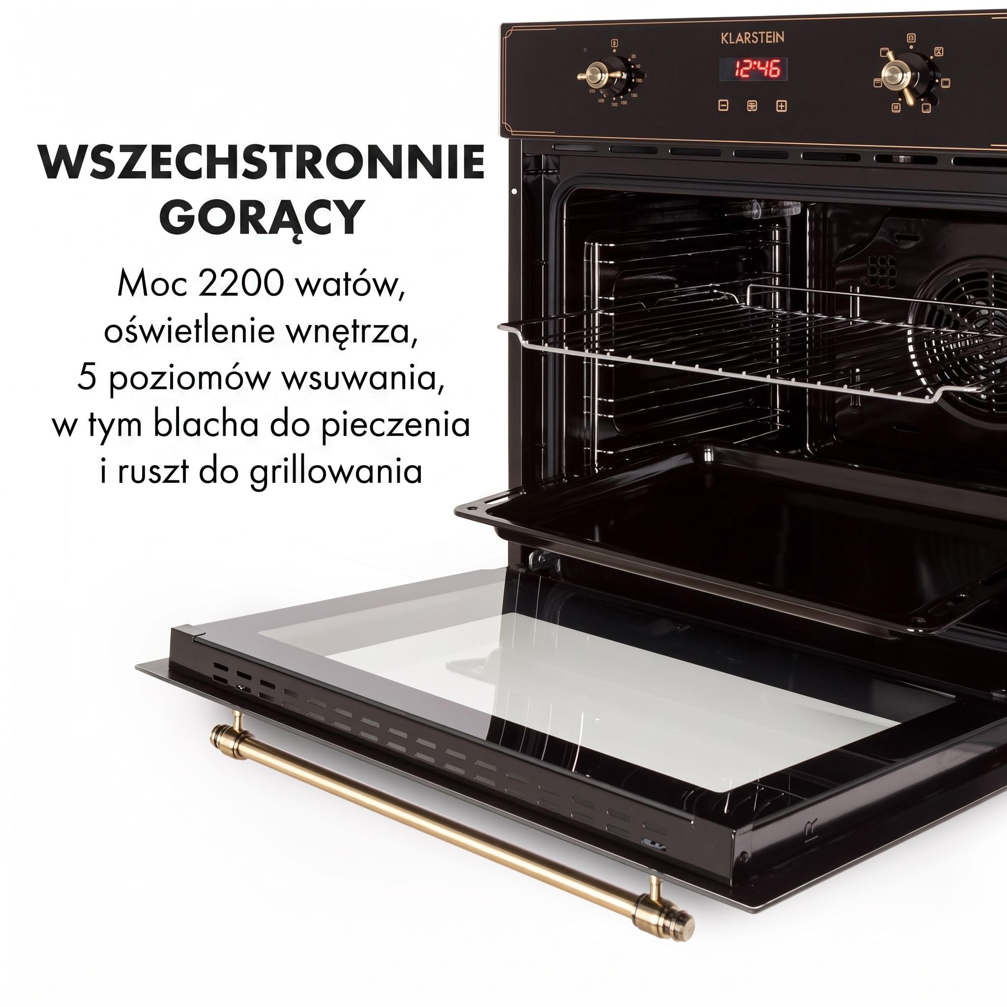Klarstein Elizabeth - Elektryczny piekarnik do zabudowy, Design retro, 70L, Klasa energetyczna A, Termoobieg/grzanie górne/dolne/grill, 2200 W, 50-250 °C, Pokrętła w wyglądzie mosiądzu, czarny