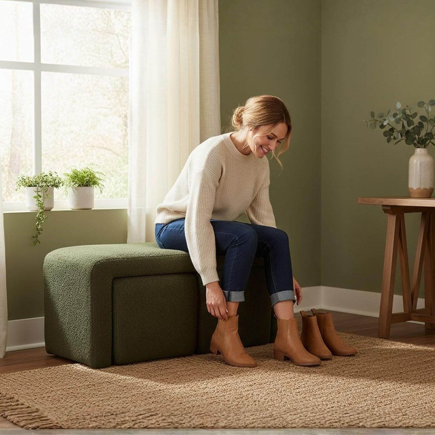 Green Boucle Bedroom Bench Small Upholstered Entryway Bench Modern Sherpa Footstool Sofa Footrest Extra Seating for Living Room, End of Bed, Set of 3 Bench, 20+50 Inch Bench