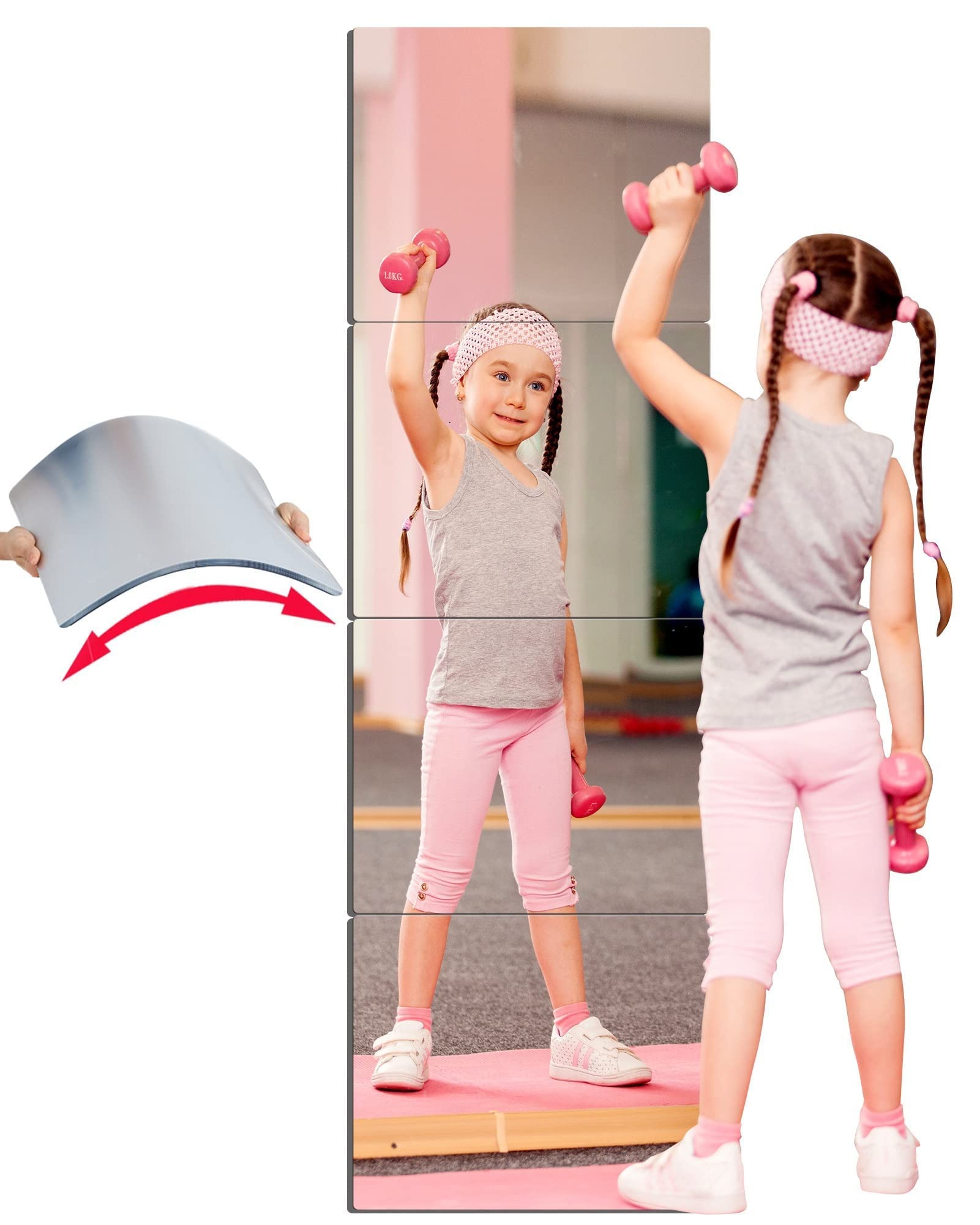 Unbreakable Acrylic Full Length Mirror for Wall Mounted, Full Body Mirror for Kids, Flexible Plastic Safe Shatterproof, 4 PCS 16 x 16 Inches, Workout Mirrors Tiles for Home Gym, Bedroom Over The Door