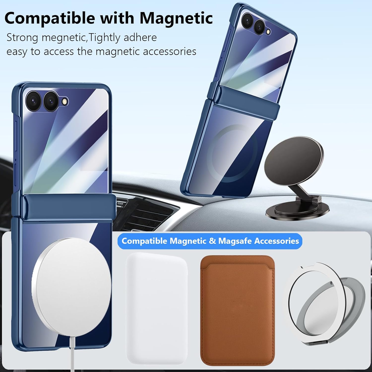 for Samsung Galaxy Z Flip 7 2025 Magnetic Case, Clear Phone Case with Magsafe Accessories, Screen Protector, Hinge Cover, Anti-Yellow, Full-Body Slim Thin Blue Case