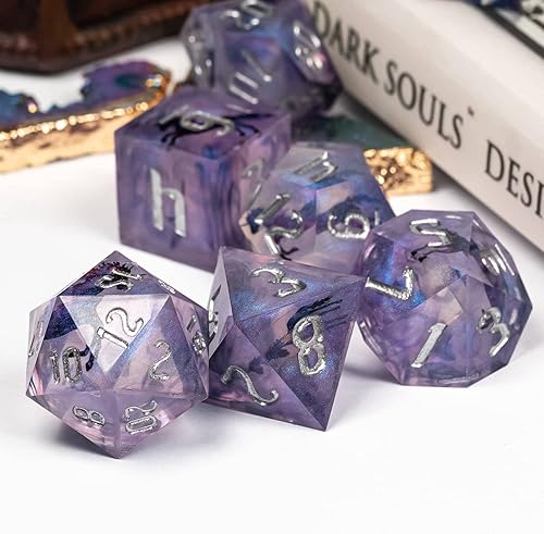 Miniatura 4 de Cusdie Dados DND de bordes afilados, 7 dados D&D, juego de dados poliédricos hechos a mano, para juegos de rol, MTG Pathfinder (unicornio Decoupage)