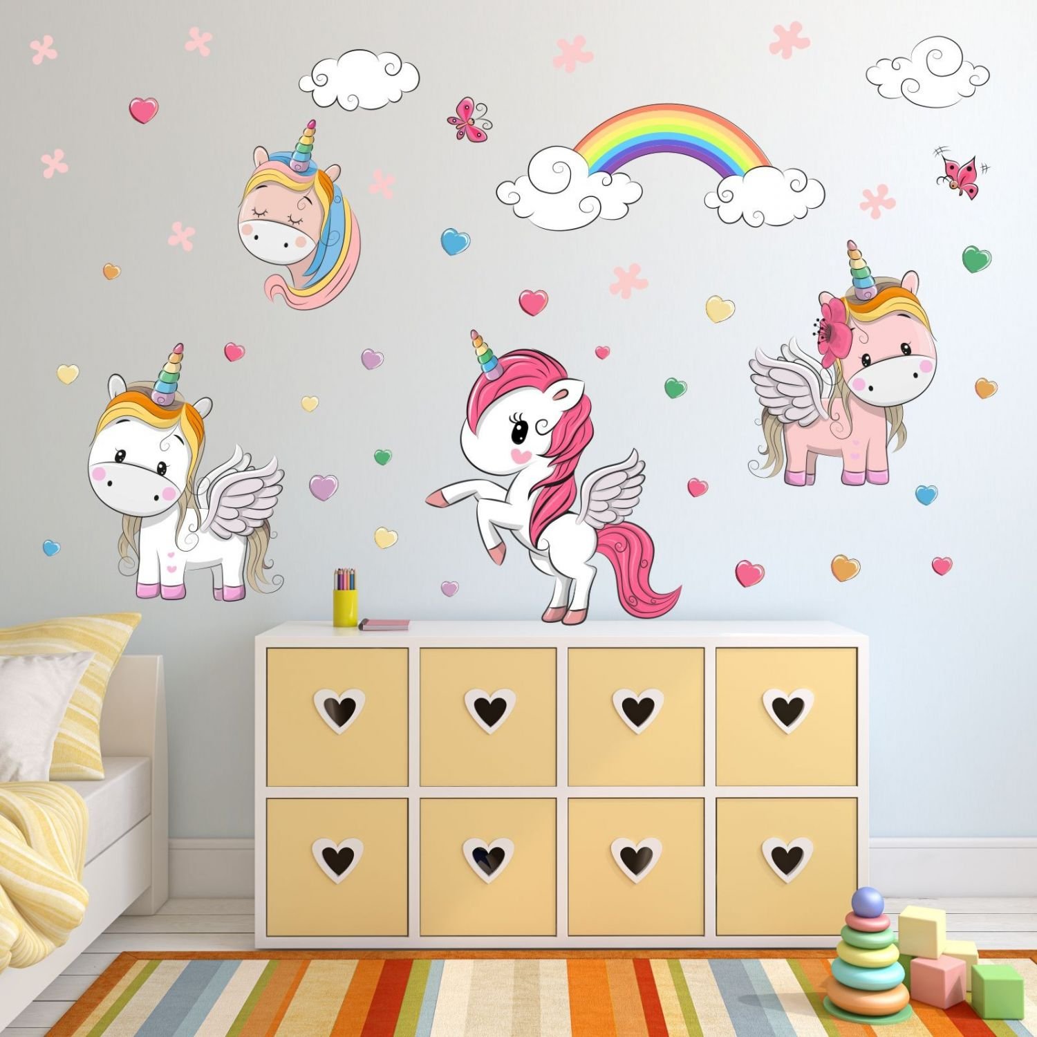 nikima - 086 Wandtattoo Einhorn Regenbogen Kinderzimmer Deko - in 6 Größen - niedliche Kinderzimmer Sticker und Aufkleber süße Wanddeko Wandbild Junge Mädchen Größe 2000 x 1120 mm