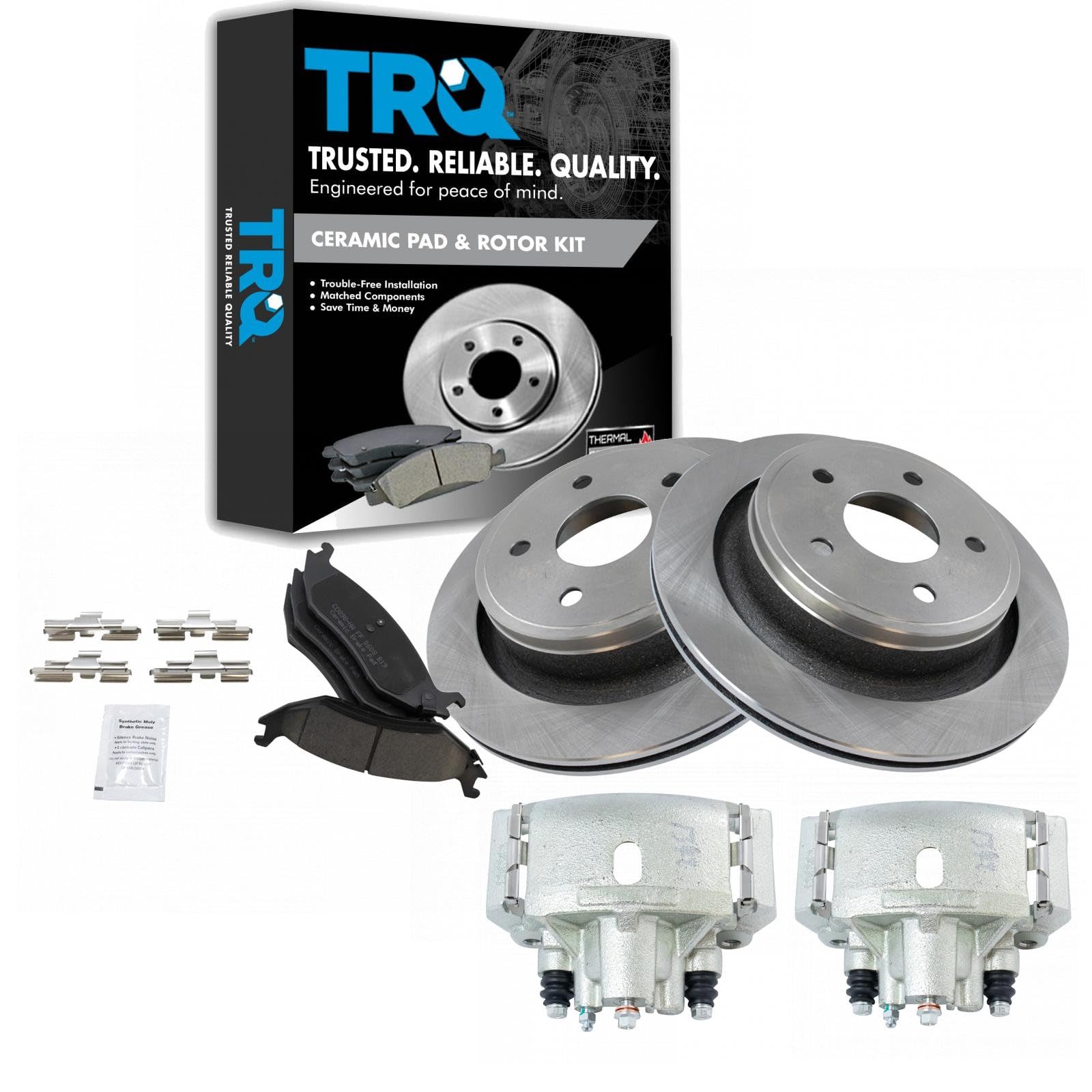 TRQ Rear Brake Pad, Caliper, &amp; Rotor Kit Ceramic Compatible with 2007-2009 Chrysler Aspen 2005-2009 Dodge Durango 2002-2010 Ram 1500 2011-2018 Ram 1500