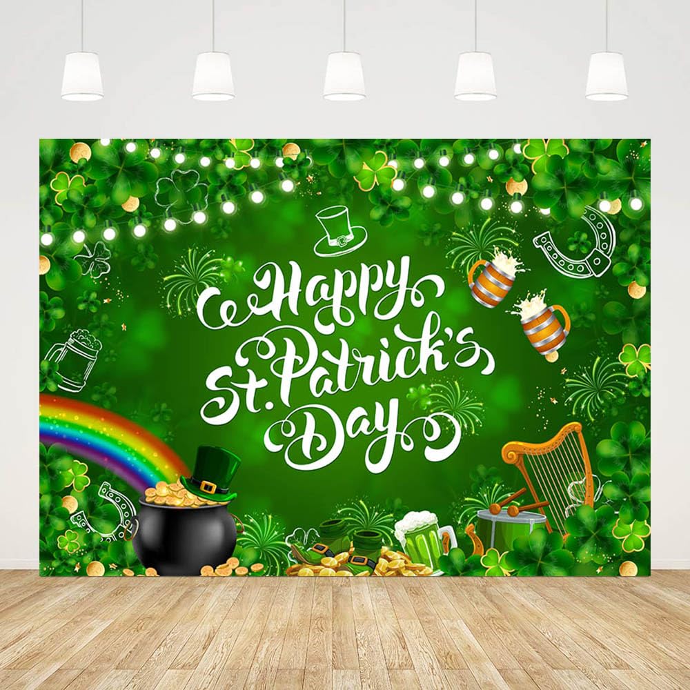 AIBIIN 7x5ft Happy St. Patrick's Day Backdrop Spring Irish Green Lucky Shamrock Background for Photography Clover Rainbow String of Lights Musical