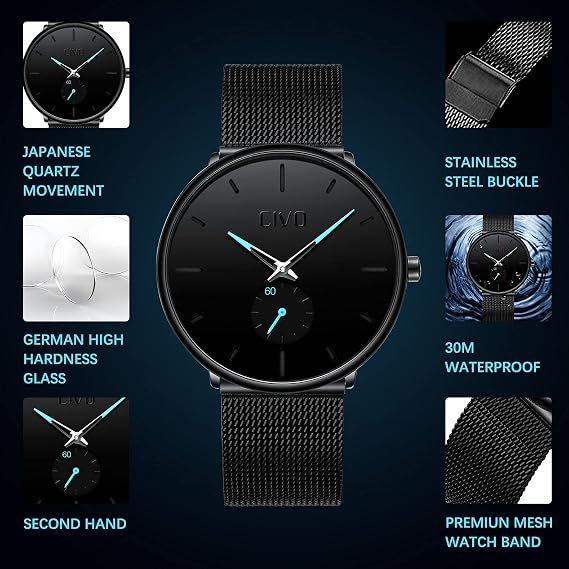 CIVO Mens Watch Stainless Steel Analogue Quartz Waterproof Business Casual Fashion Wrist Watches Gift for Men