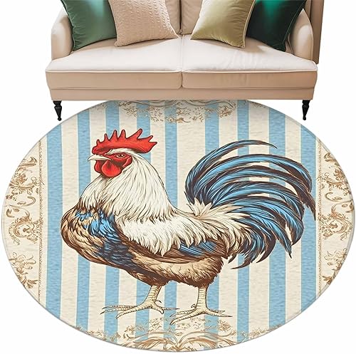 Miniatura 2 de 8ft Round Rug, Retro Rooster Non-Skid Rubber Backing Large Area Rugs - Living Room Bedroom Home Office, Striped Farmhouse Animals Watercolor Indoor