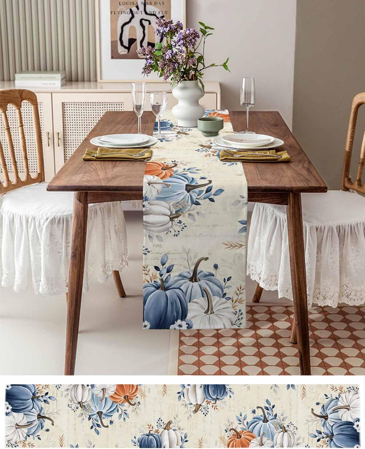 Thanksgiving Fall Table Runner - 72 Inch Long Maple Leaf Blue Gray Pumpkin Cotton and Linen Blended Dress Scarves Farmhouse Table Runner for Kitchen Dining, Coffee Table, 18" x 72"