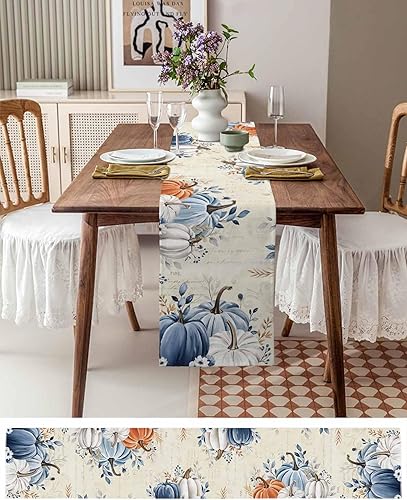 Miniatura 3 de Camino de mesa de otoño con calabazas azules y grises de 36 pulgadas de largo, día de Acción de Gracias, camino de mesa rústico para decoración de