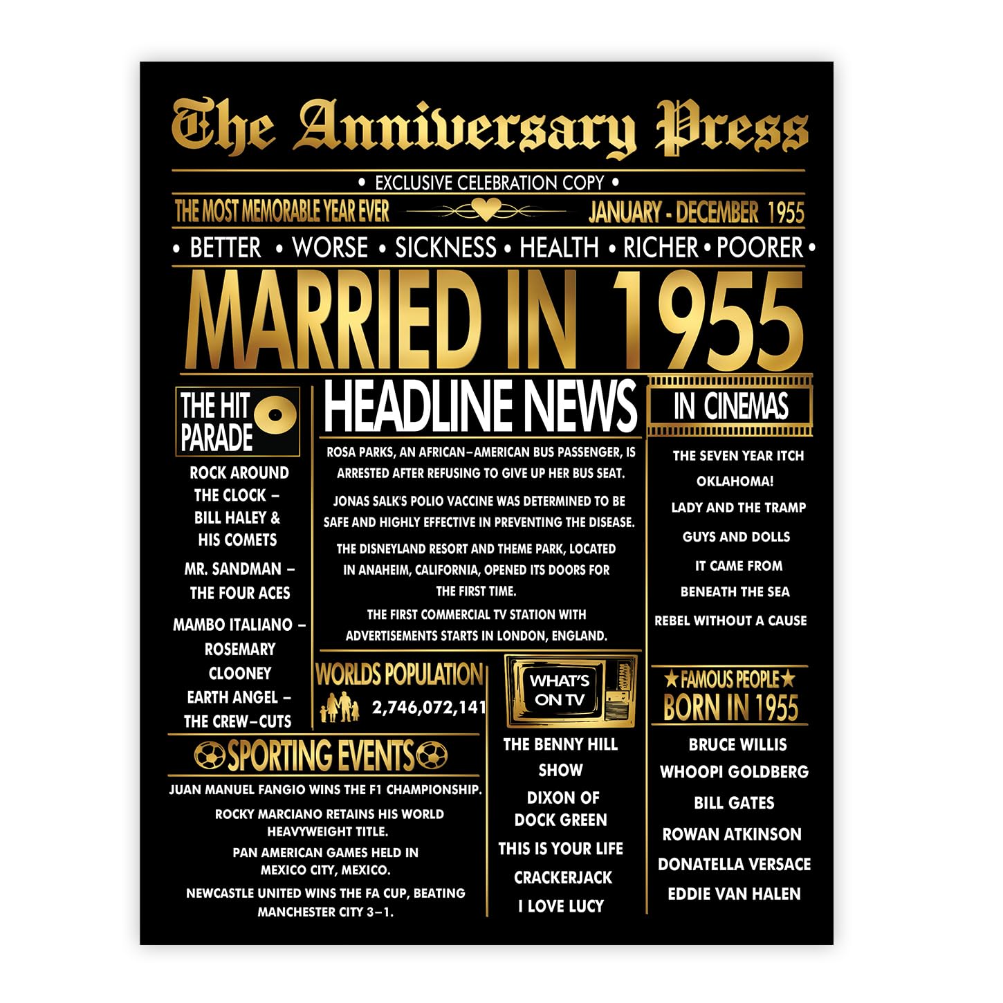Stuff4 Men's 1955 Gold 71St Anniversary Poster Unframed - Golden Married In Newspaper - 71 Wedding Anniversary For Wo Vintage Gifts Back In 8X10 Inch Anniversaries Posters