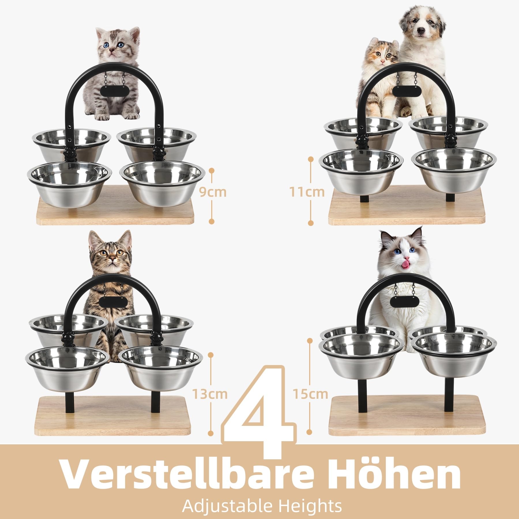Gamelle surélevée pour chat avec 4 gamelles en acier inoxydable - Hauteur réglable - 4 hauteurs - Station d'alimentation et gamelle d'eau pour chats et petits chiens