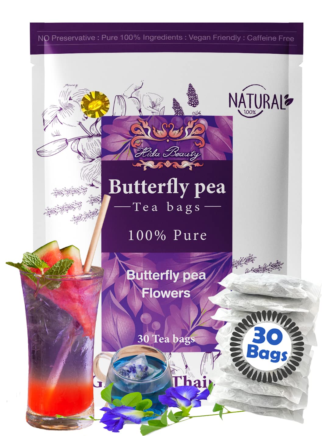 Buy Hida Beauty Dried Butterfly pea flower tea 30 Tea bags Blue Natural