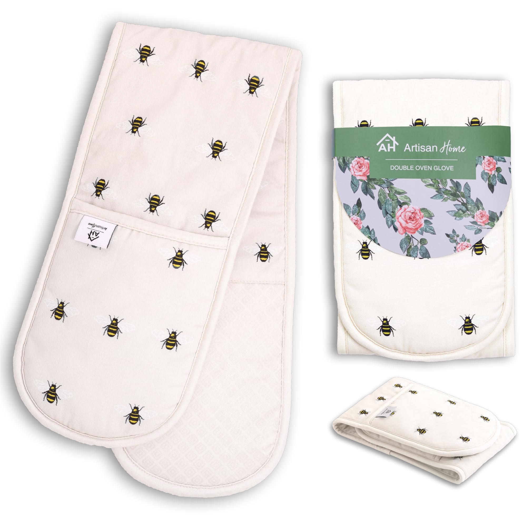 Bee Oven Gloves | Thick Potholders Heat Resistant | Quilted Cotton & Silicone Non-Slip Design Pot Holders for Baking Cooking BBQ | Machine Washable Thick Gloves Oven Mitts Kitchen Accessories