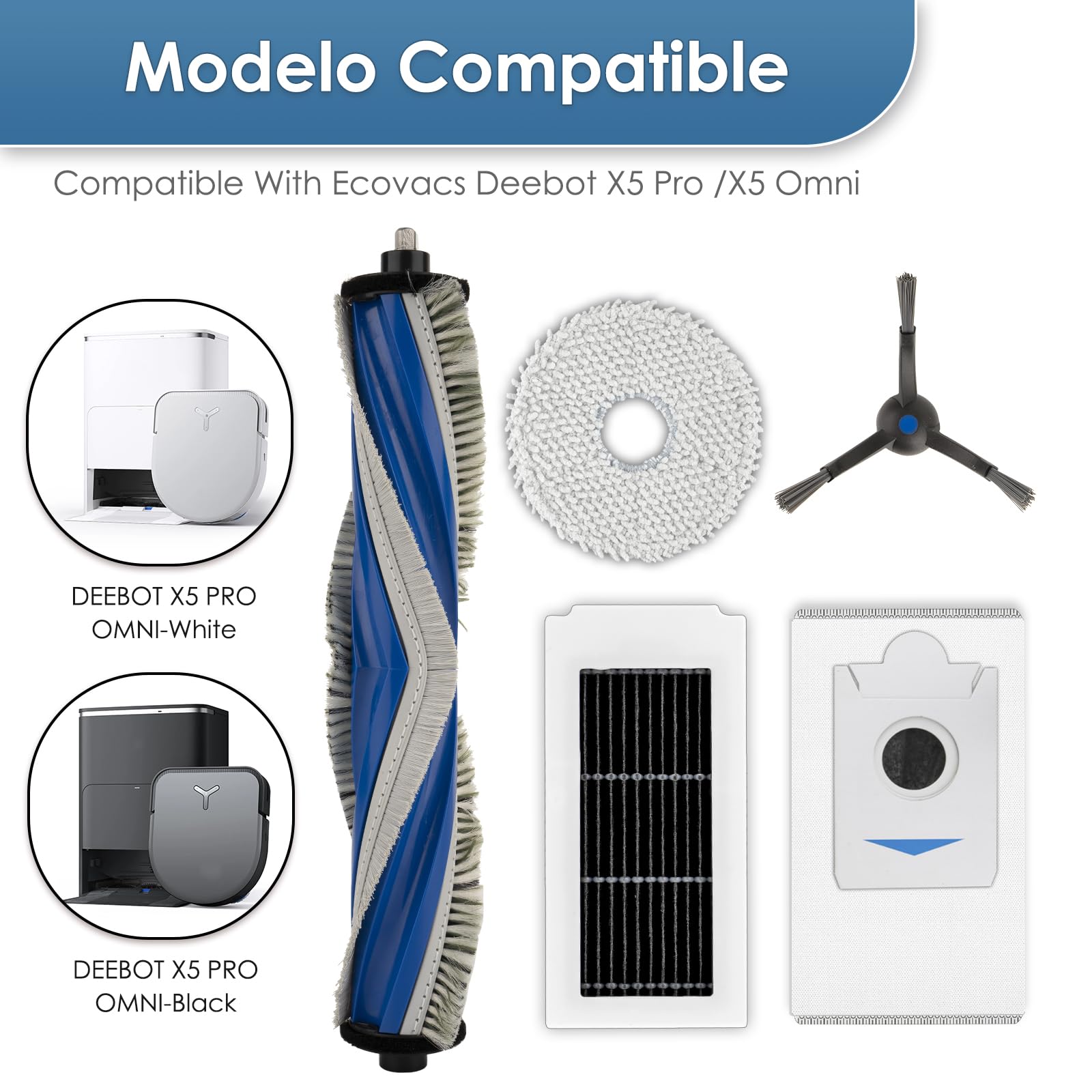 (20 pezzi) X5 Omni Ricambi Per il robot aspirapolvere ECOVACS DEEBOT X5 Pro Omni, 1 spazzola a rullo, 6 spazzole laterali, 4 sacchetti per la polvere, 3 filtri HEPA, 6 panni per il mop, kit accessori
