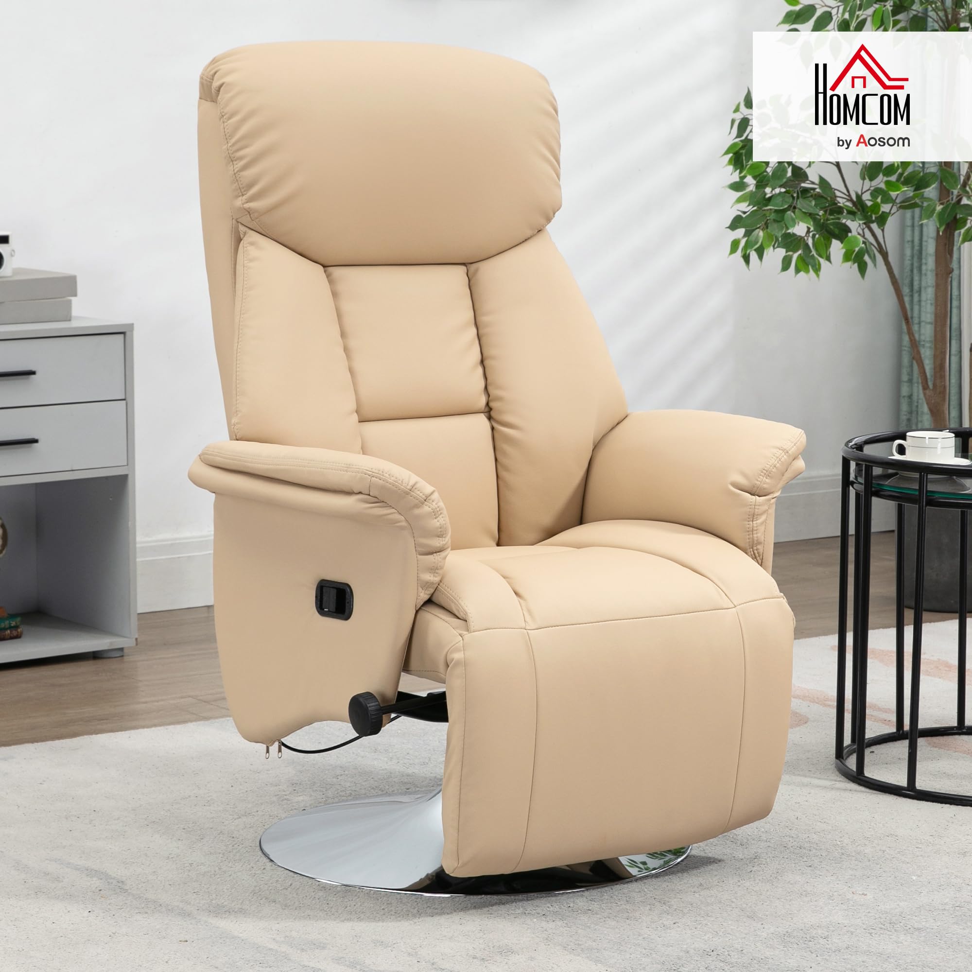 HOMCOM Fauteuil de Relaxation Fauteuil Relax de Salon inclinable pivotant Repose-Pied réglable accoudoirs, Chaise TV en Cuir synthétique, jusqu'à 150 kg, pour Salon, Chambre, Home cinéma, Beige