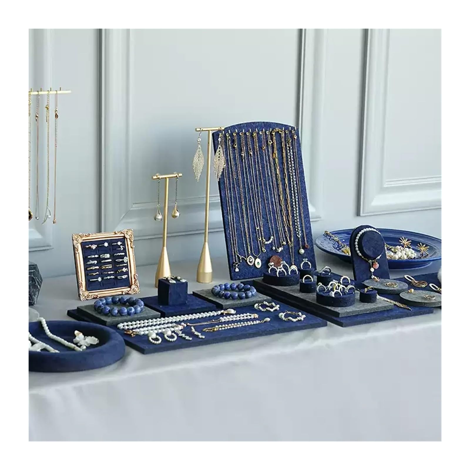 ZZlei2yu-12 Jewellery Organiser Stand Blue Felt Jewelry Display Set with Ring Trays Earring