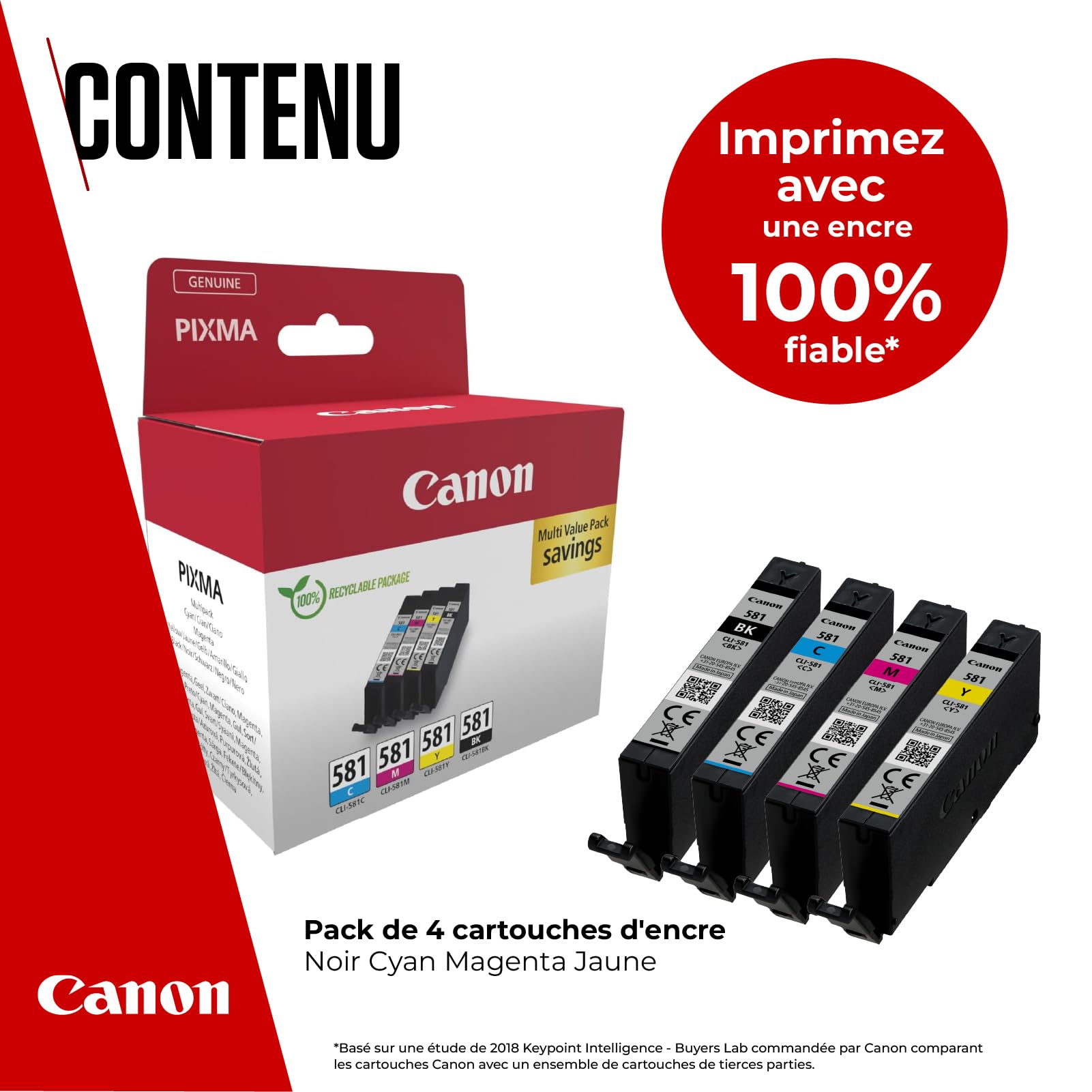Canon CLI-581 Lot de 4 Cartouches d'encre Authentiques (Noir, Cyan, Magenta, Jaune) – Carton de sécurité Multipack