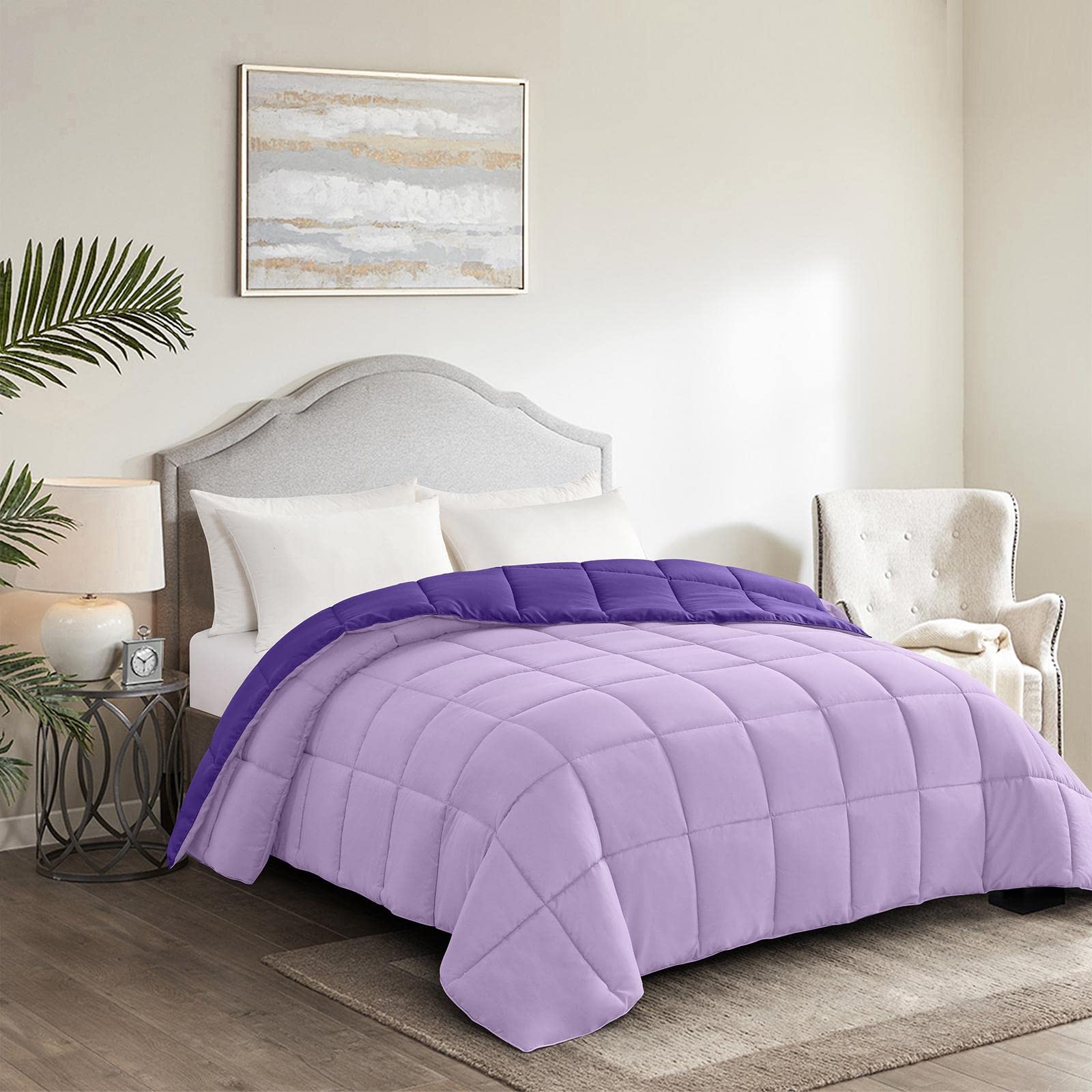 Homelike Moment Oversized Queen Comforter - Purple Lightweight Down Alternative Bedding Comforters, All Season Duvet Insert Quilted Reversible Bed Comforter Soft Cozy Oversize Queen Plum/Light Purple