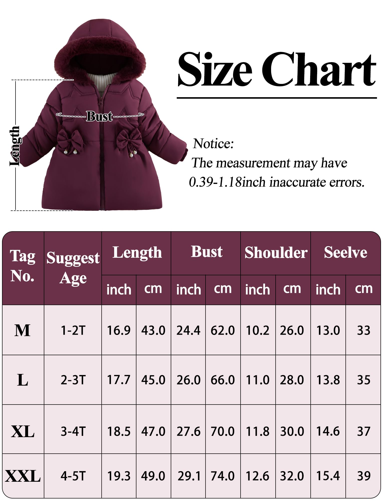 Maeau - Doudoune à Capuche Enfant Fille Parka Manteau Chaud Hiver Veste en Coton Matelassée Fermeture Éclair Manteau Duvet avec Poches Nœud Papillon 1-5 Ans