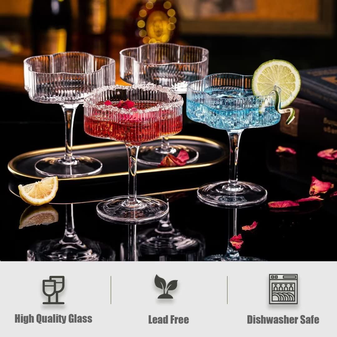 Flower-Shaped Martini Glasses, Set of 6 (6.7 oz) - Ribbed Coupe Glasses for Cocktails and Desserts (Set of 6)