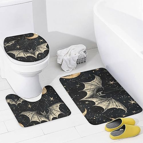 Miniatura 4 de Juego de 4 cortinas de ducha de murciélago de terror de Halloween con alfombras, cubierta de tapa de inodoro y tapete de baño, cortinas de baño