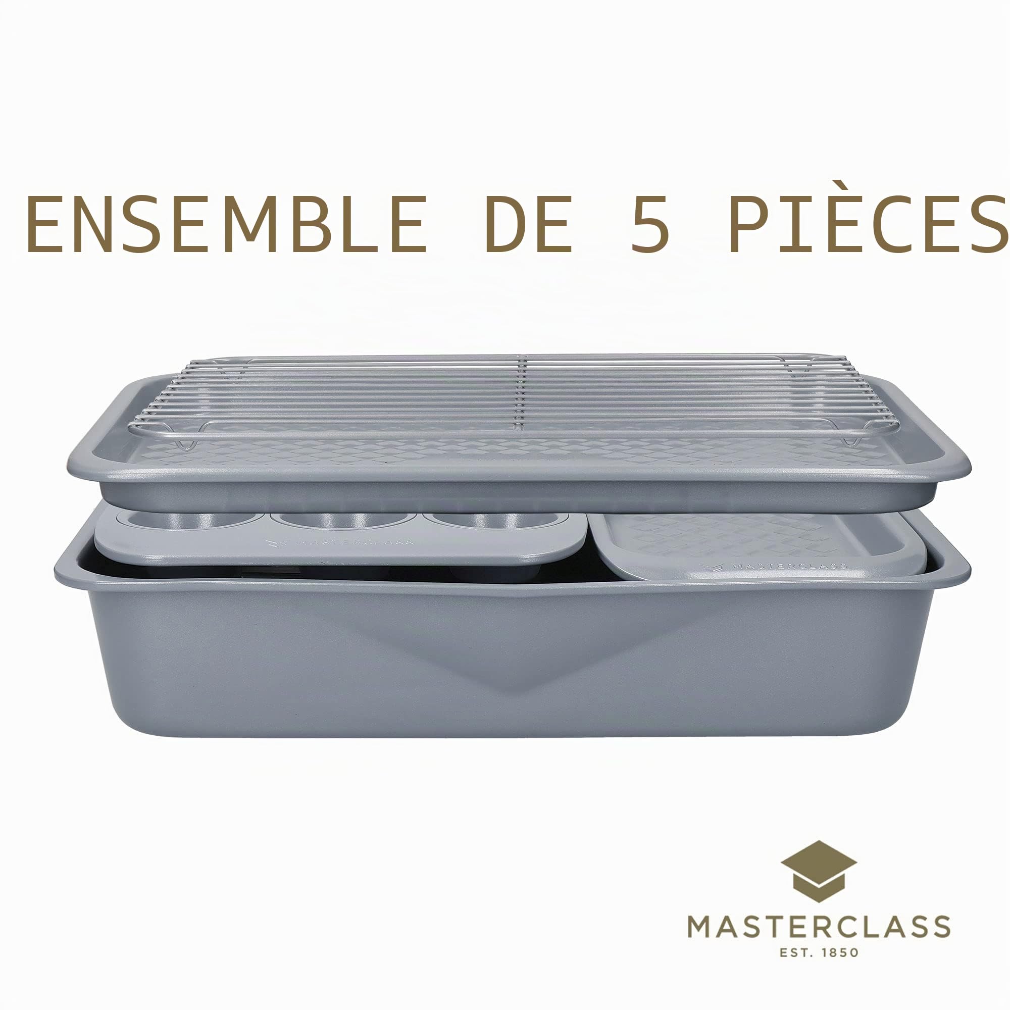 Master Class MCCERBAKE5PC MasterClass Smart Ceramic-Set de Plats de Cuisson Empilables en Acier au Carbone avec Revêtement en Céramique, Gris, 5 Pièces