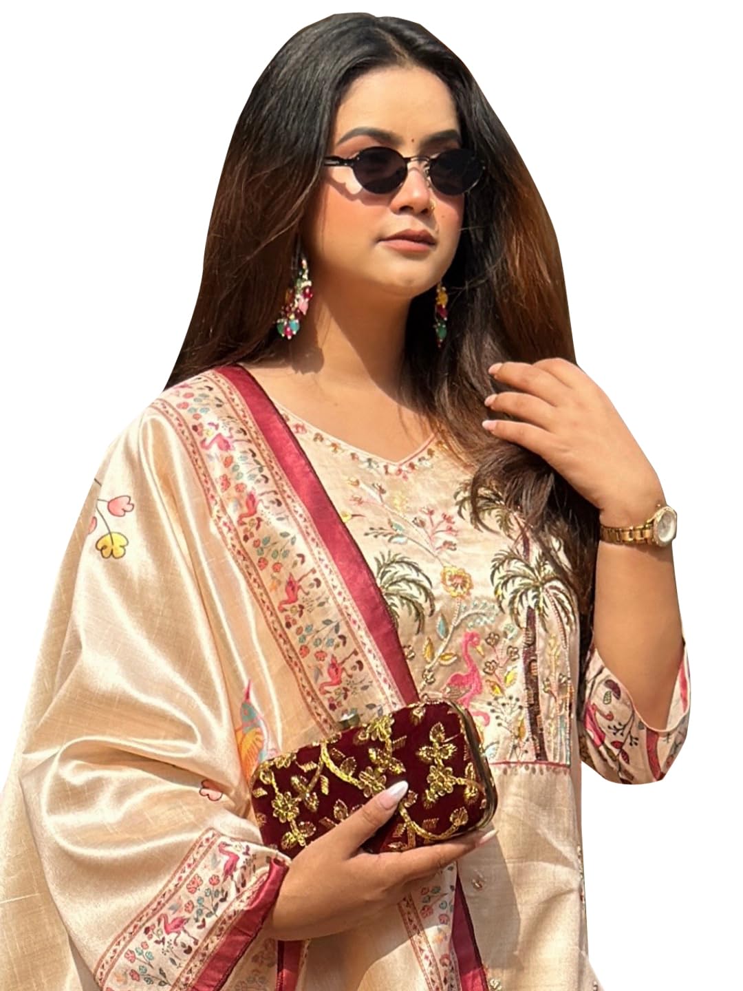 vredevogel Women's Beads Embroidered Viscose Assam Silk Kurta Pant Set with Printed Dupatta for Festive & Casual Ethnic Kurta Sets-picture-40