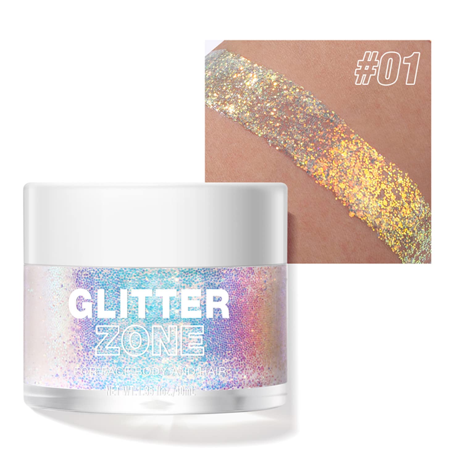 Holographic Body Glitter Gel 8 Colors Changing Ultra-fine Glitter Gel Long Lasting Waterproof Glitter Gel Makeup for Face Body Lip and Hair (Color 01)
