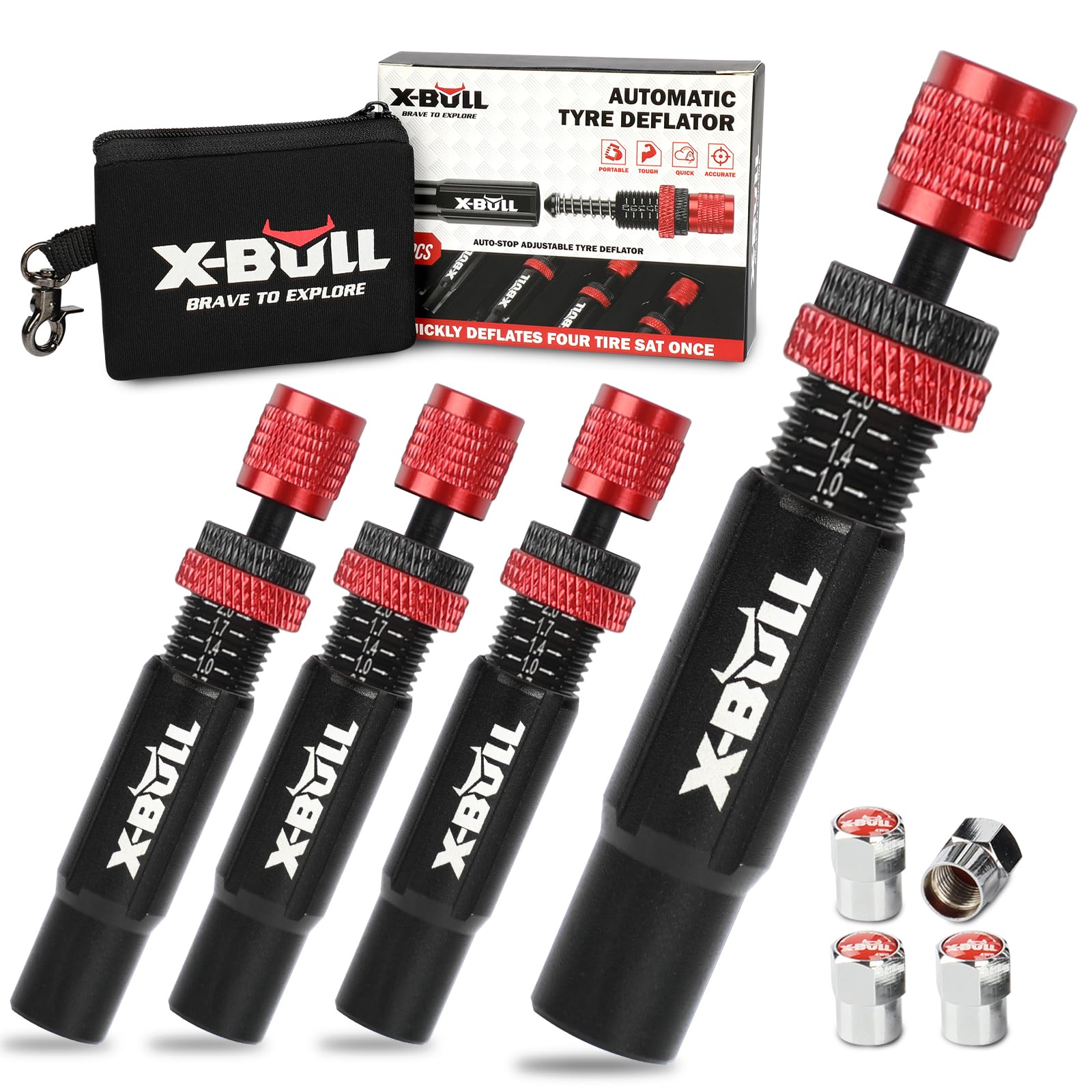 X-BULLAutomatic Tire Deflator,Adjustable Offroad Accessries,4pcs Auto-Stop Tyre Air Down Tool Kit for 4 * 4 Vehicles,Truck,Jeep with Storage Bag