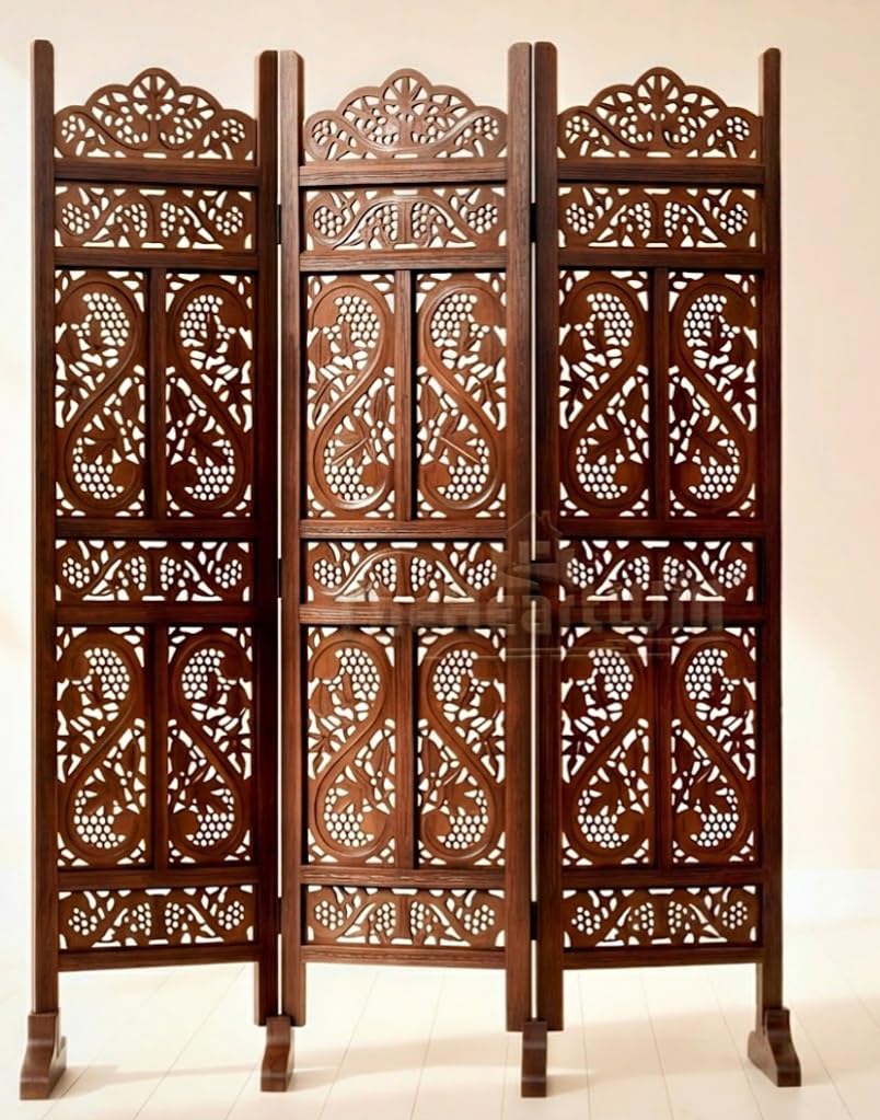 Wooden Partition Wall Divider for Living Room | Room Divider Partition & Wall Partition for Hall, S Design, 183x203 cm (3 Panels with Stands)