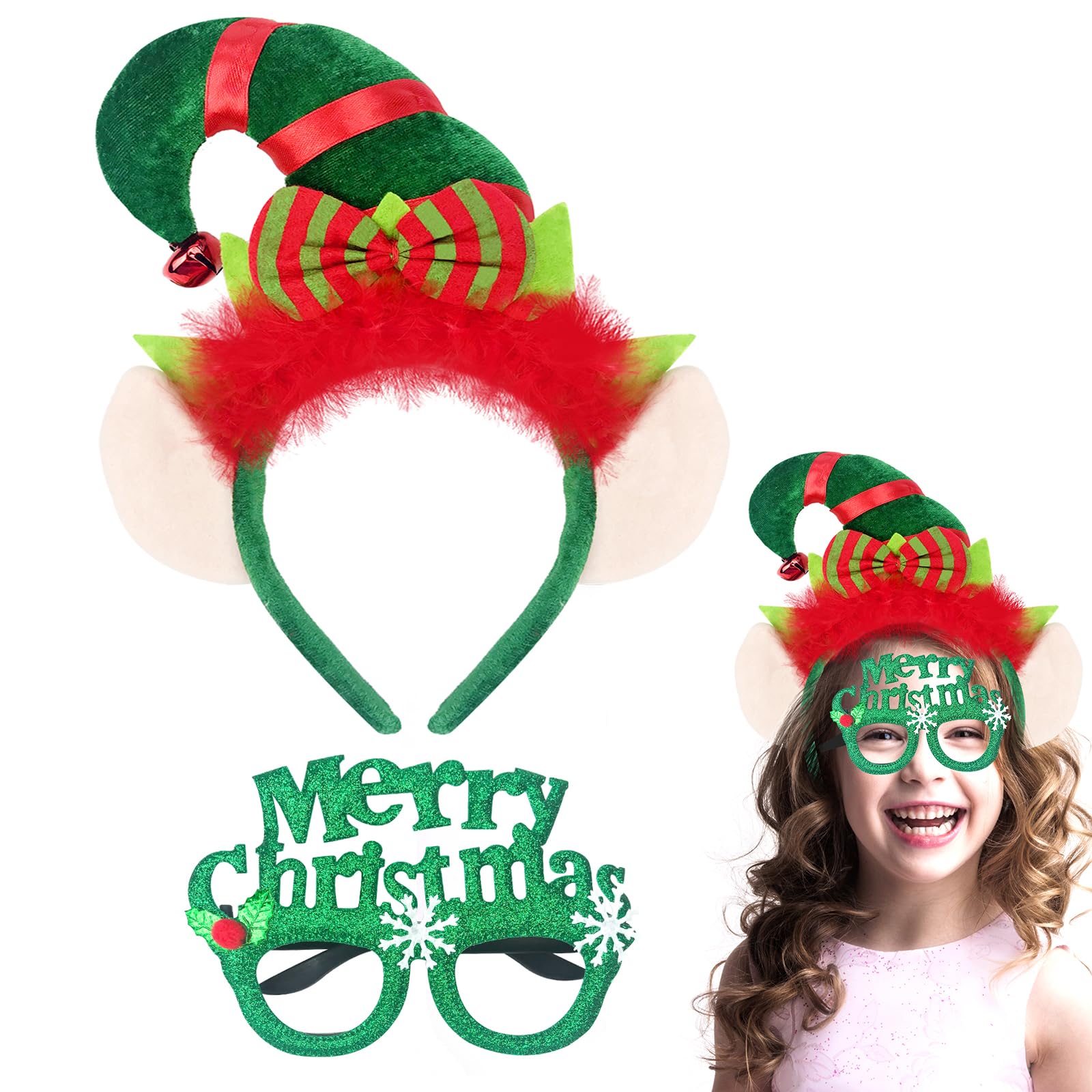 QLINLEAF Christmas Elf Hat Headbands Glasses Frame Creative Funny Eyewear Children's Christmas Elf Headband for Xmas Holiday Party