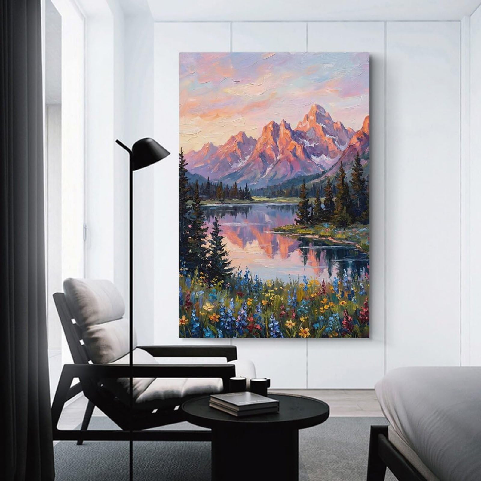 Junmoney Mountain Lake Oil Painting Landscape Canvas Wall Picture, 24x36inch(60x90cm), for Home, Office, Studio Or Guest Room, A Flexible Wall Accent for Shared Spaces