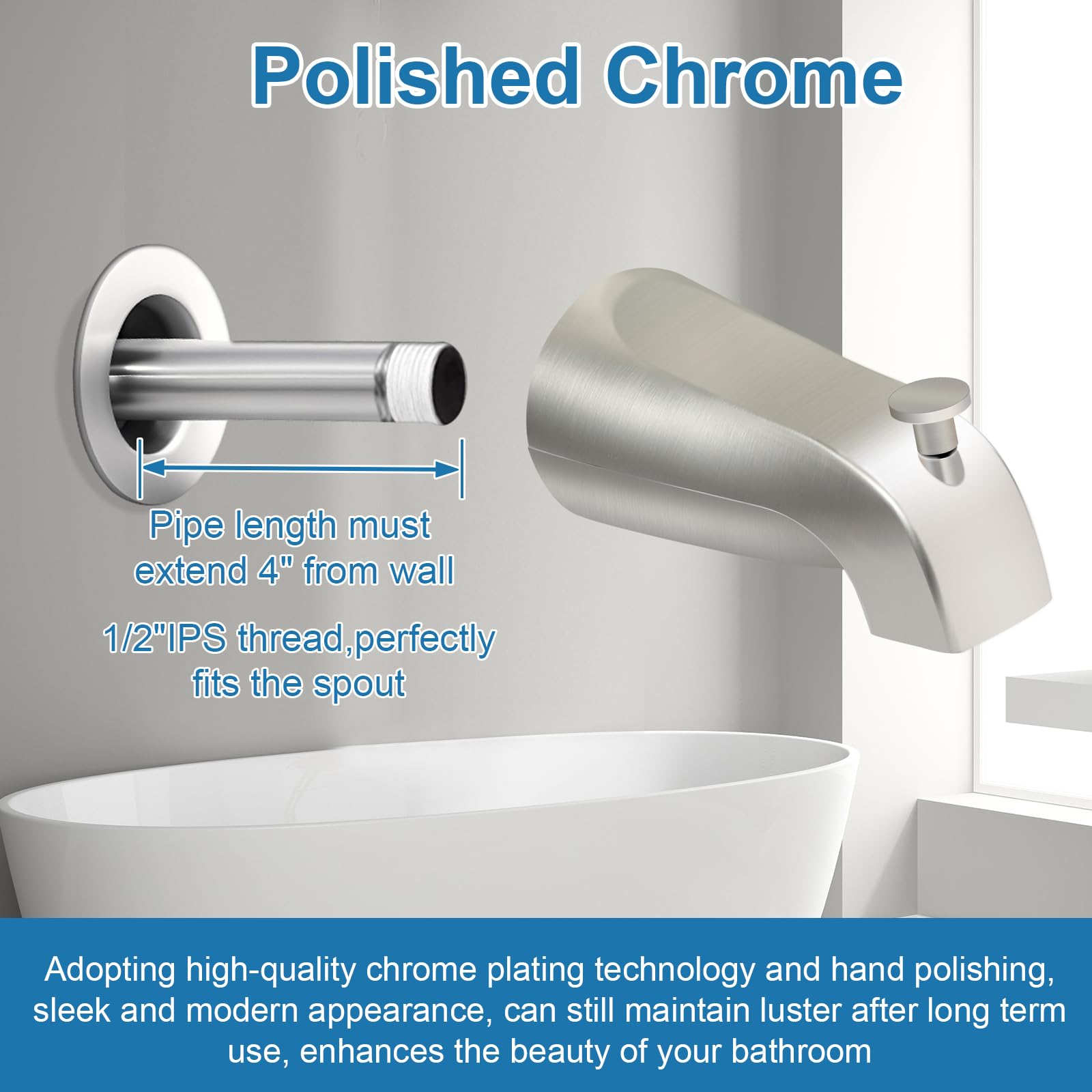 Boquilla universal para bañera de baño para montaje frontal de pared de alcance de 4 pulgadas, compatible con Westbrass E531D-1F-62, boquilla de bañera con desviador de rosca interior IPS de 1/2