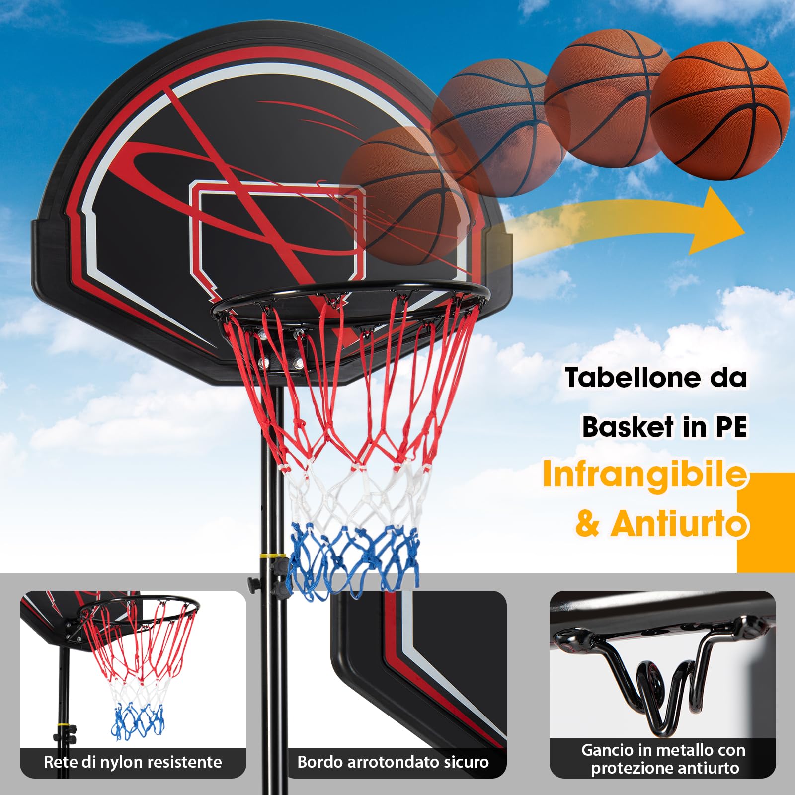 Canestro Basket Regolabile 1,7-2,3 M - Portatile Con Ruote, Tabellone 81 Cm, Base Riempibile - Foto 7