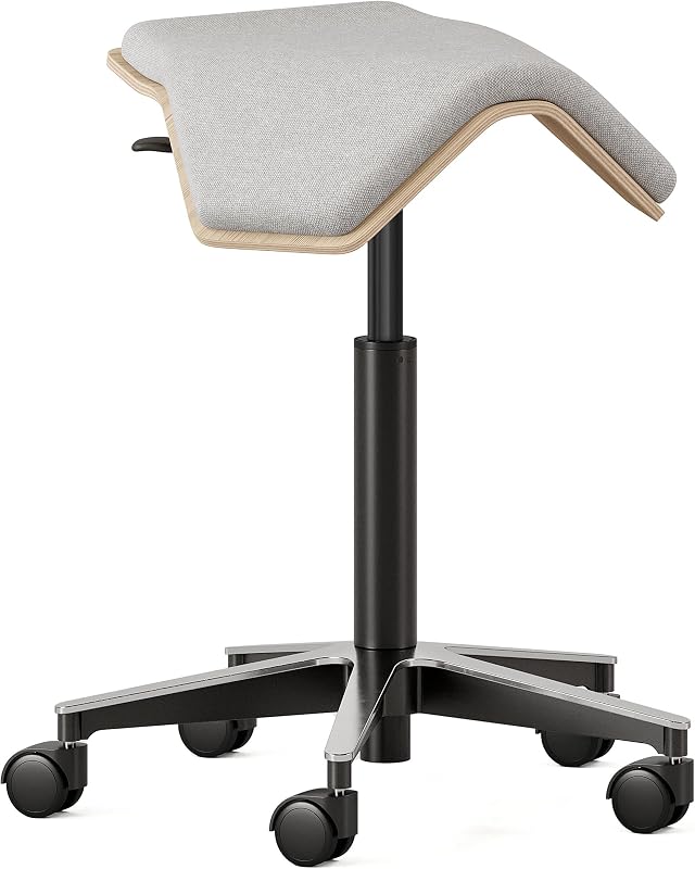 Branch Saddle Chair, Ergonomic Rolling Stool | Birch Plywood Frame and Recycled Seat Fabric, Height Adjustable Saddle Seat for Active Sitting and Better Posture, Dove