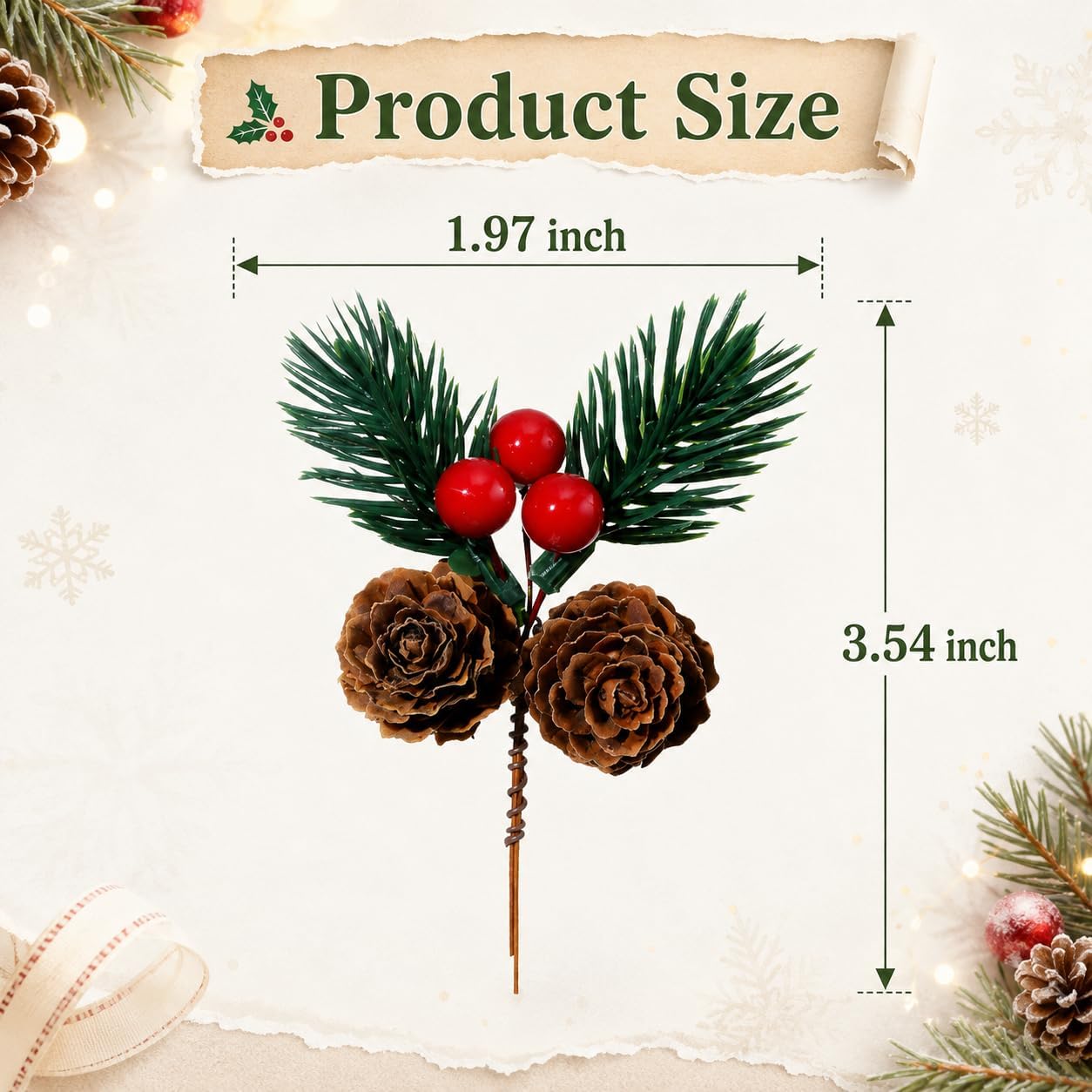 20PCS Pine Needles Picks with Red Berries, Mini Pinecones for Christmas