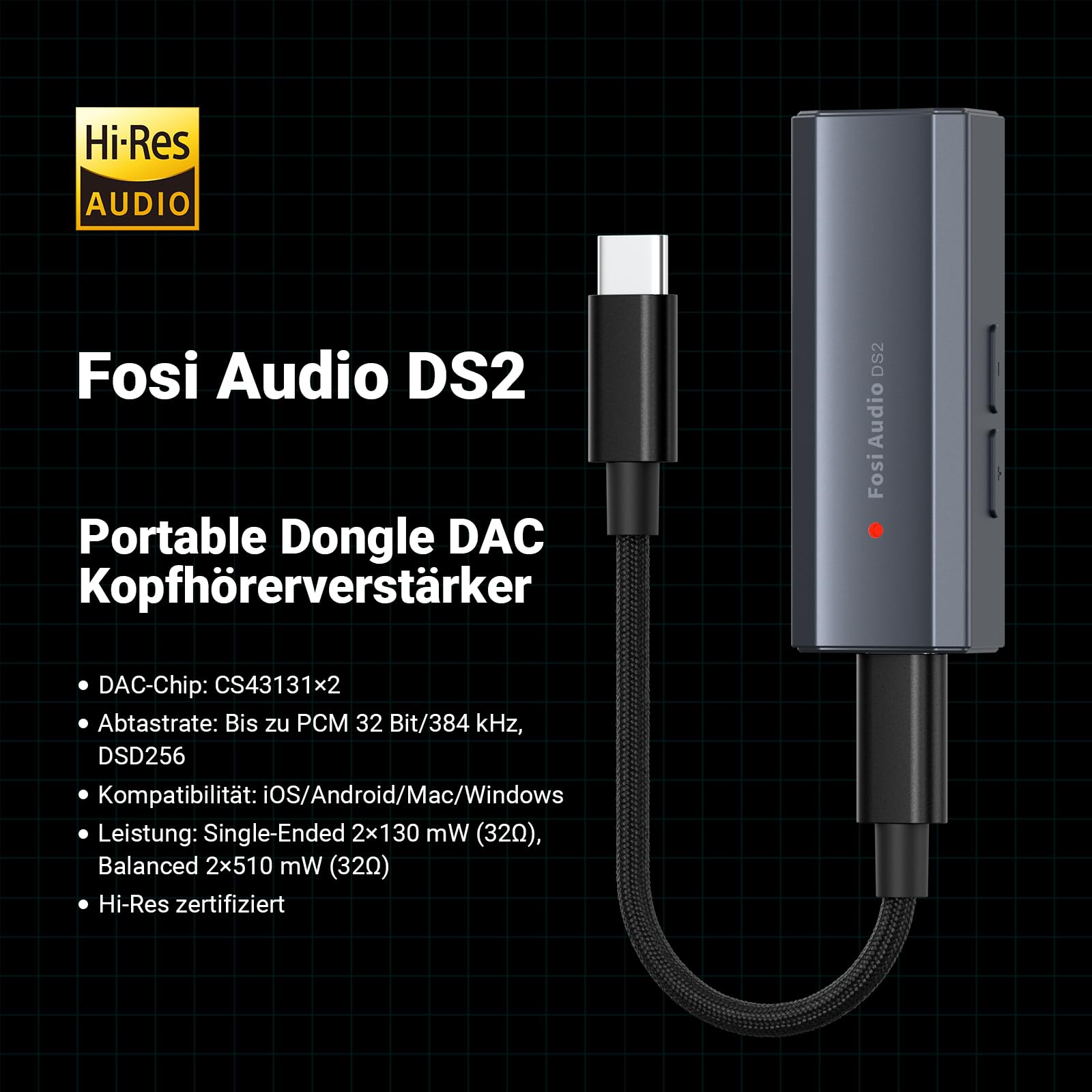 Fosi Audio DS2 Kopfhörerverstärker DAC 3,5 mm USB C Klinke Audioadapter Tragbarer Verstärker mit Dual-Ausgang DSD256 4,4 mm symmetrischer hochauflösender CS43131 Chip für iPhone iPad