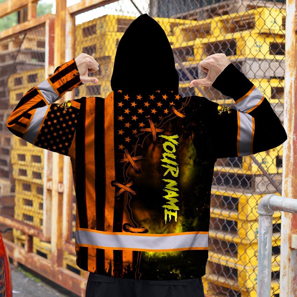Matedecor Skull US Flag Reflective High Visibility Hoodie For Men Construction Hi Vis Safety Workwear Custom Name