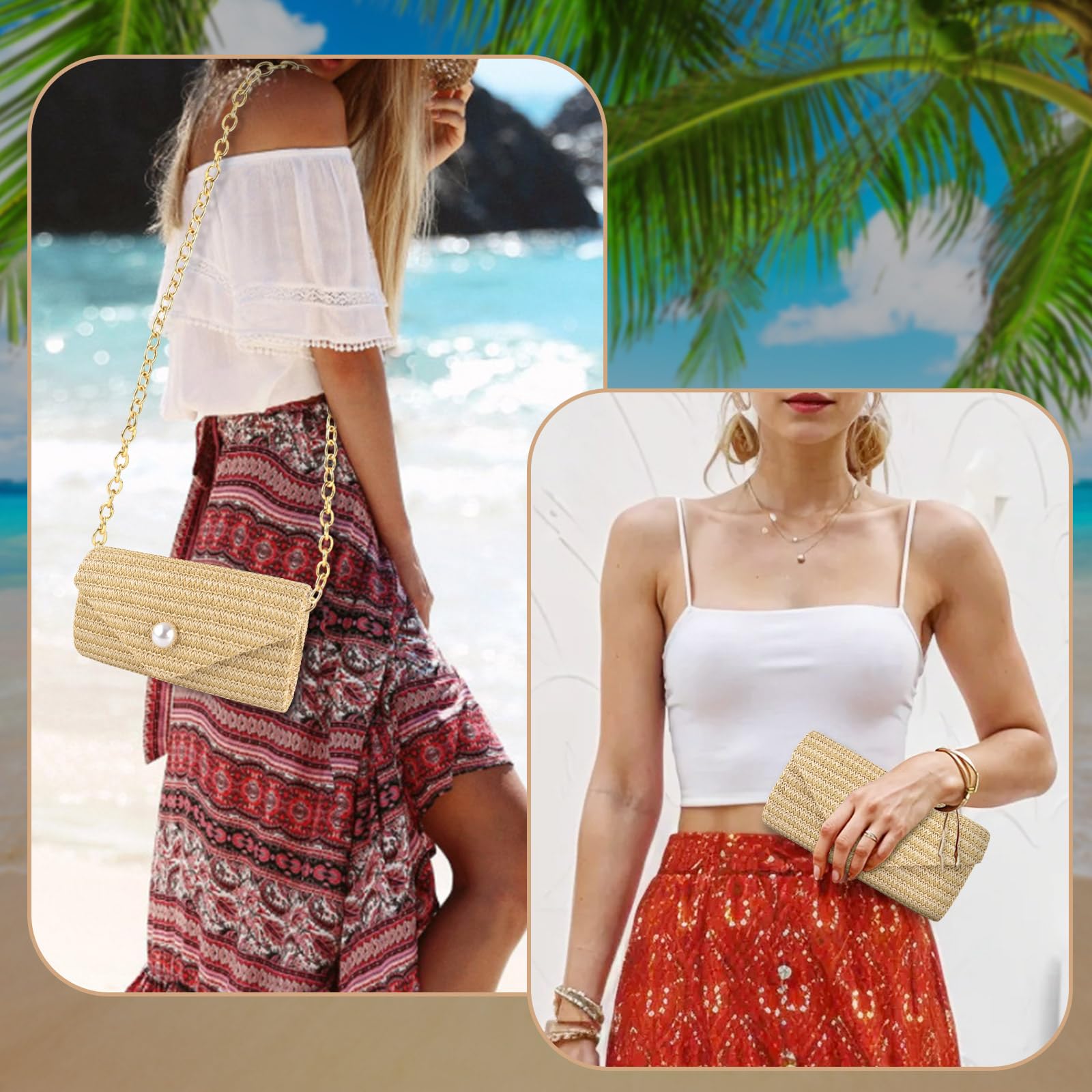 PACETAP Bolso de mano de paja para mujer, decoración de perlas, estilo bohemio, bolso cruzado para playa, viajes, vacaciones, fiesta, baile de graduación