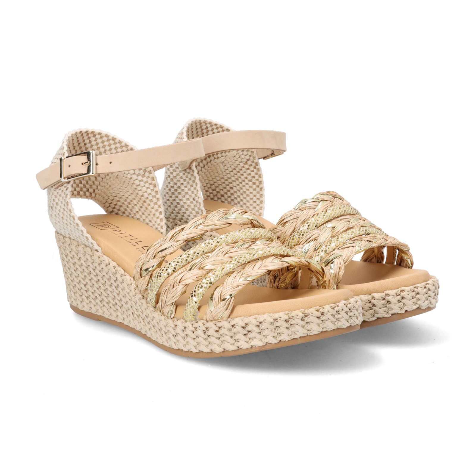 PITILLOS - Sandalias de piel con tiras,cuña y plataforma,esparto,cierre de hebilla,suela de goma,planta de gel, para: Mujer