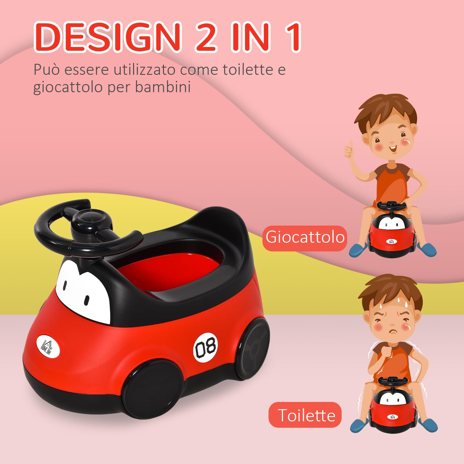 HOMCOM Vasino per Bambini da 6 Mesi a 3 Anni, WC per Bambini a Forma di Macchina con Volante e Vaschetta Rimovibile, Rosso