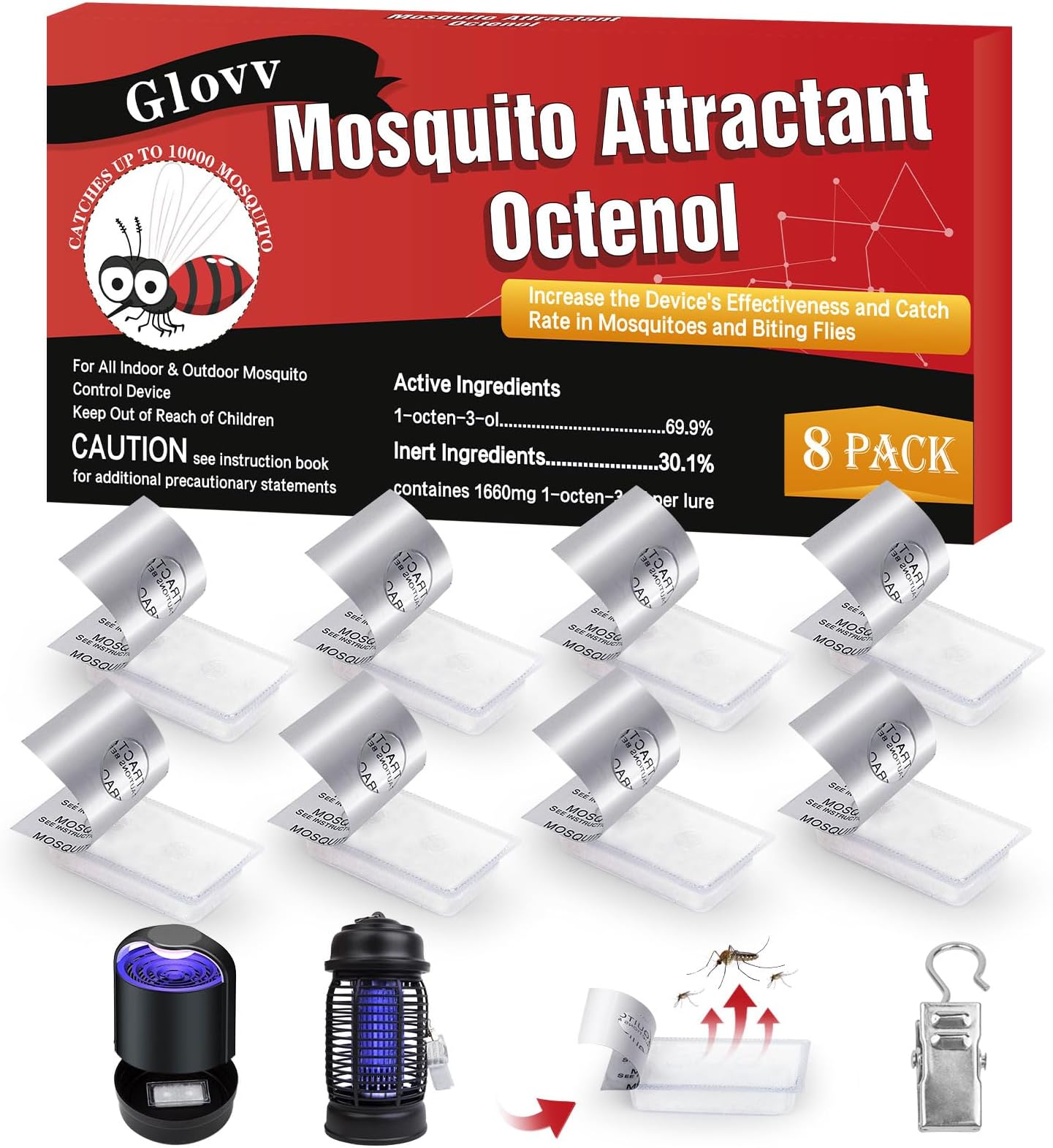 8 Lures Mosquito Attractant Bait Refill, Octenol Mosquito Lure Biting Cartridge for Bug Zapper & Fly Traps, Compatible with All Flying Insect Mosquitoes Trap
