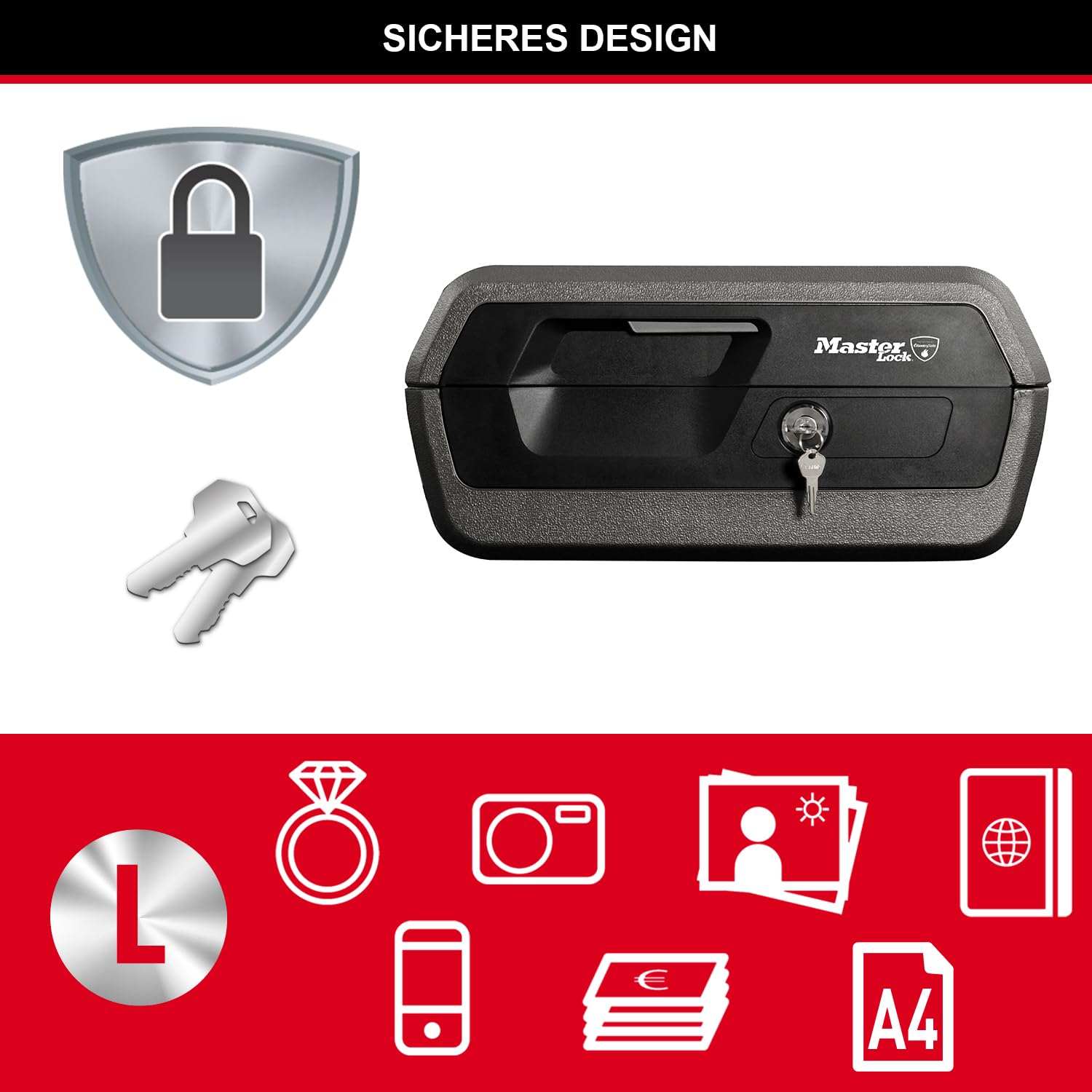 Master Lock Sicherheitskassette [Feuer- und Wasserfest] [Large] [Schlüsselschloss] LCFW30100 – Für Ausweise, A4-Dokumente, kleine Elektrogeräte, Juwelen usw.