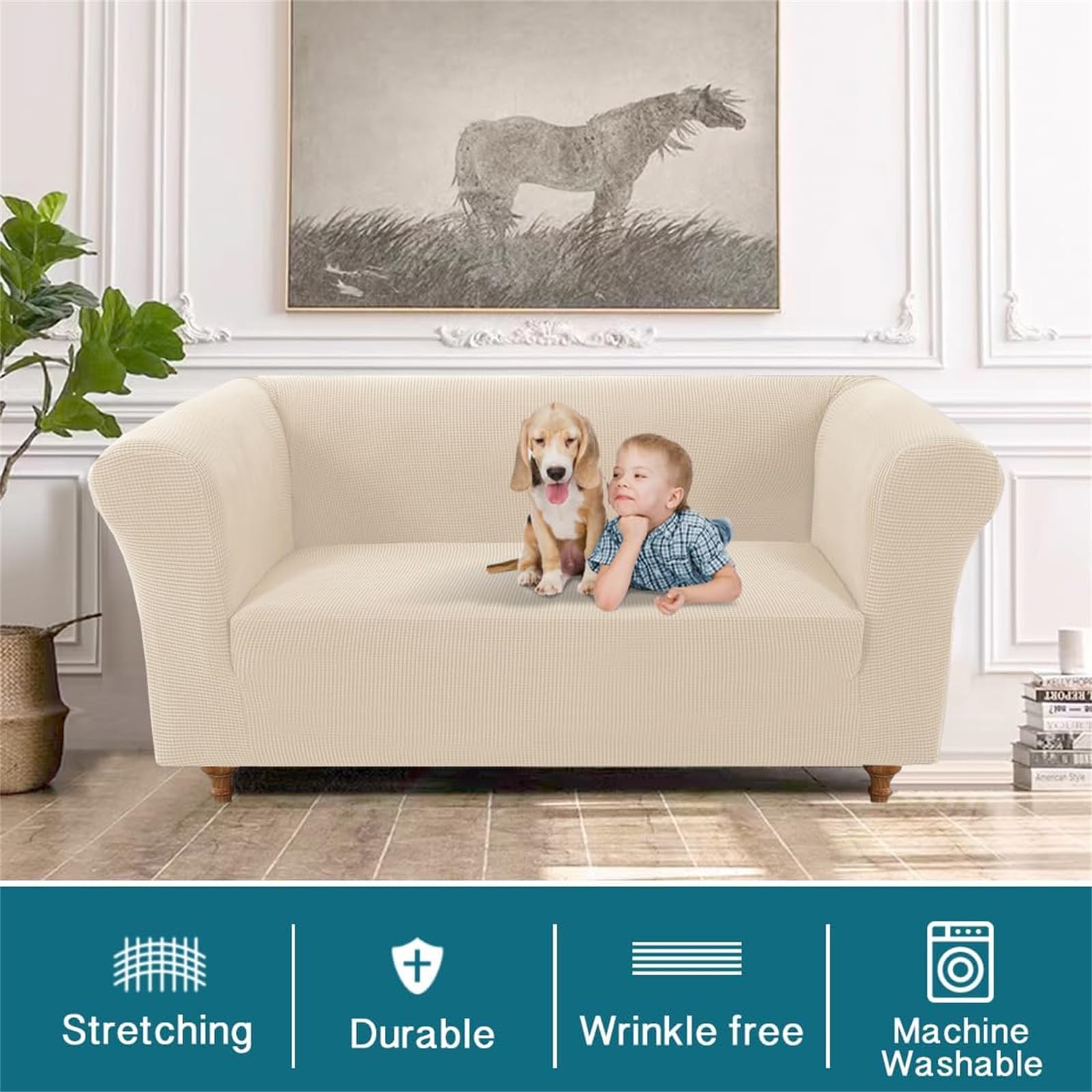 BXFUL Stretch Chesterfield Sofa Cover 1 Piece Couch Cover for Living Room Soft Non-Slip Sofa Slipcover Furniture Protector for Dogs Feature Thick Jacquard Fabric (Loveseat,Beige) - Image 3