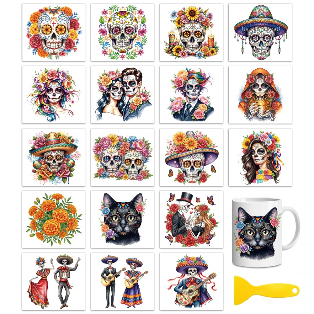 Peacoblue Day of the Dead Rub On Transfers for Craft, Transfer Sticker